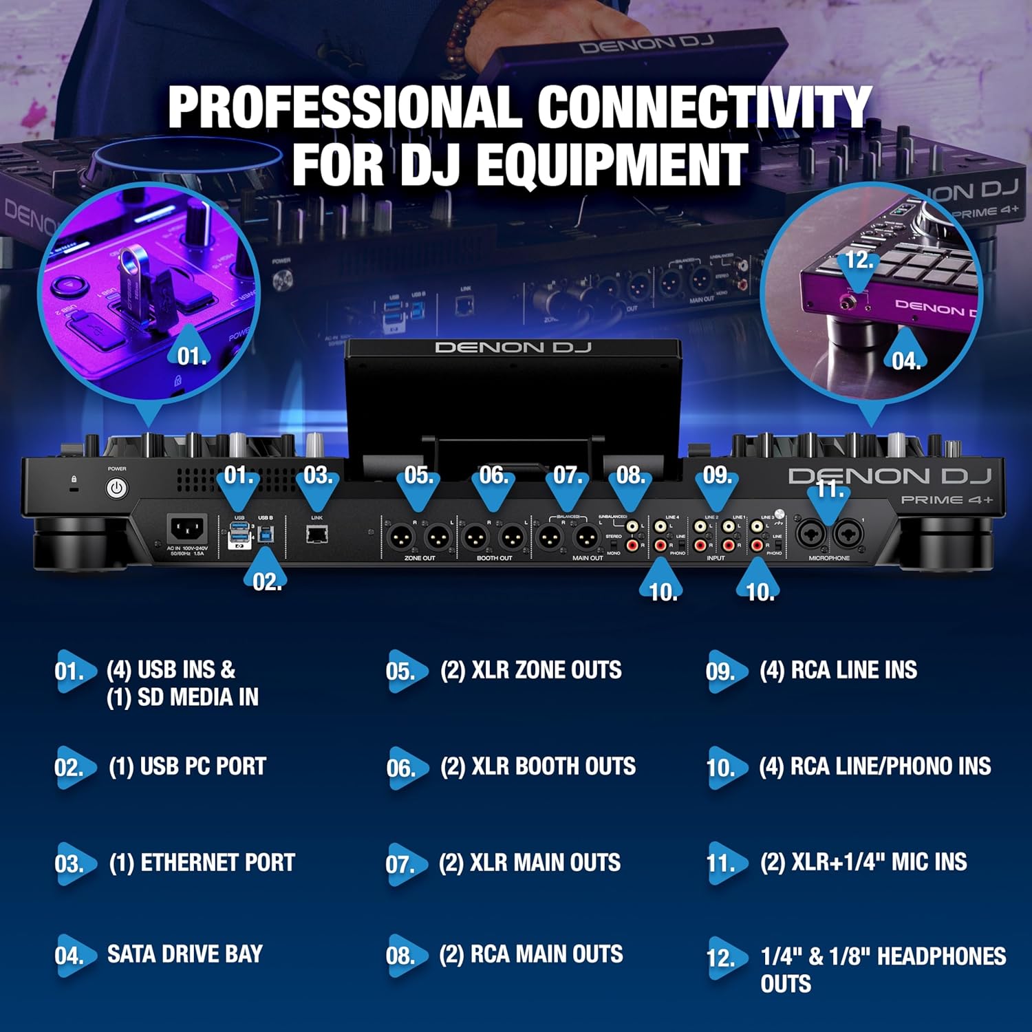 Denon DJ PRIME 4+ Standalone DJ Controller with Stem Separation on 4 Decks, Wi-Fi Streaming, Drop Sampler Mixer, 10.1" Touchscreen, Light Control