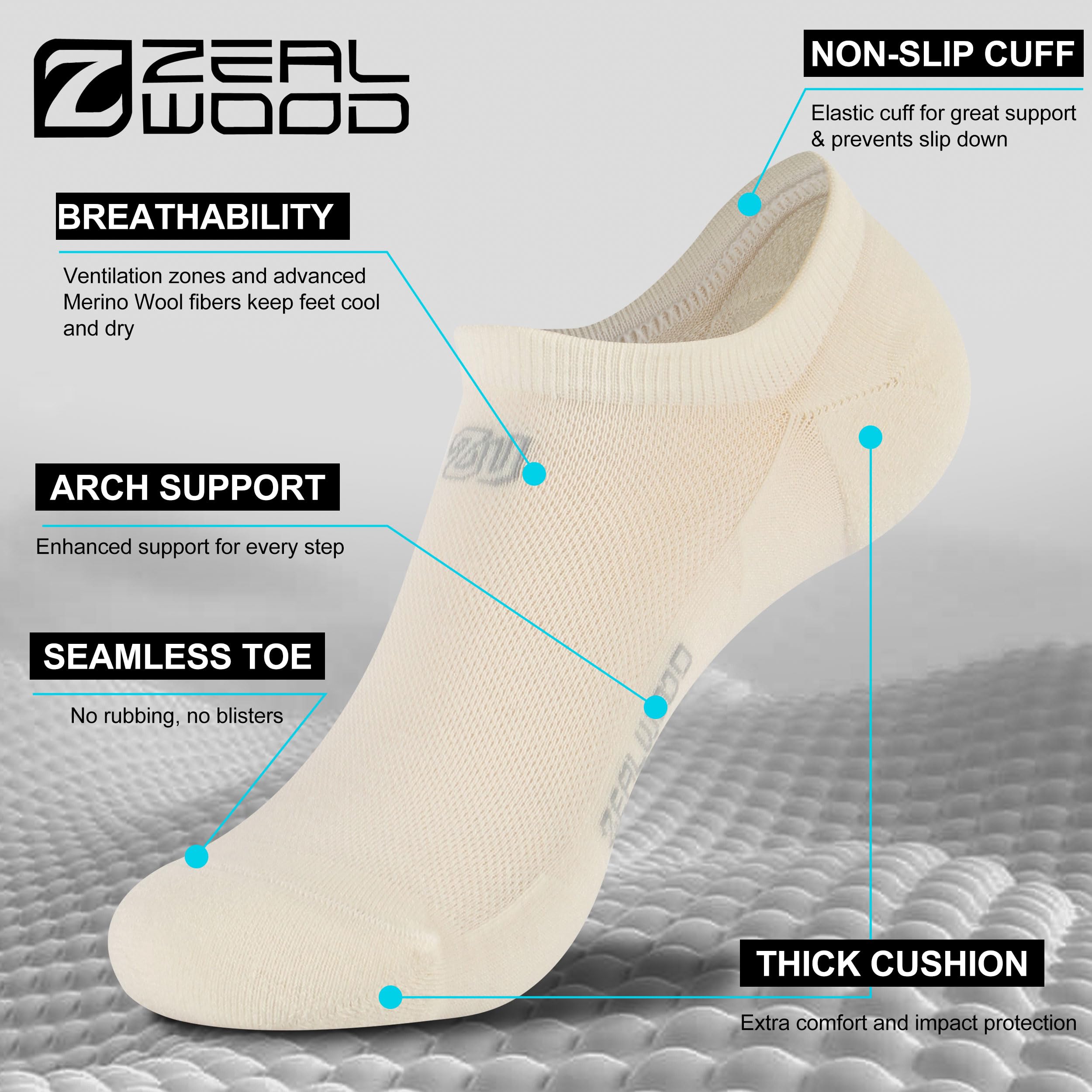 No Show Athletic Socks, ZEALWOOD 3 Pairs Merino Wool Ultra-Light Running Tennis Golf Socks for Men Women