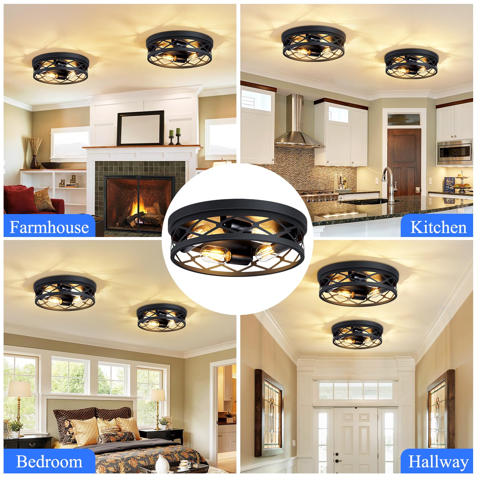 SKEJAO Flush Mount Ceiling Light Fixture,Black 2-Light Hallway Light Fixtures Ceiling,Light Fixtures Ceiling Mount for Farmhouse,Kitchen,Hall,Bedroom,Bathroom (2 Pack)
