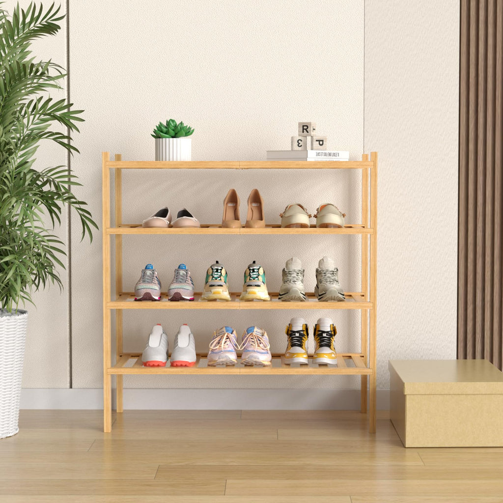 ROMGUAR CRAFT 2-Tier Bamboo Long Shoe Rack, Free Standing Wood Shoe Shelf Storage Organizer for Closet Entryway Stackable 35"x11"x13" (Black)