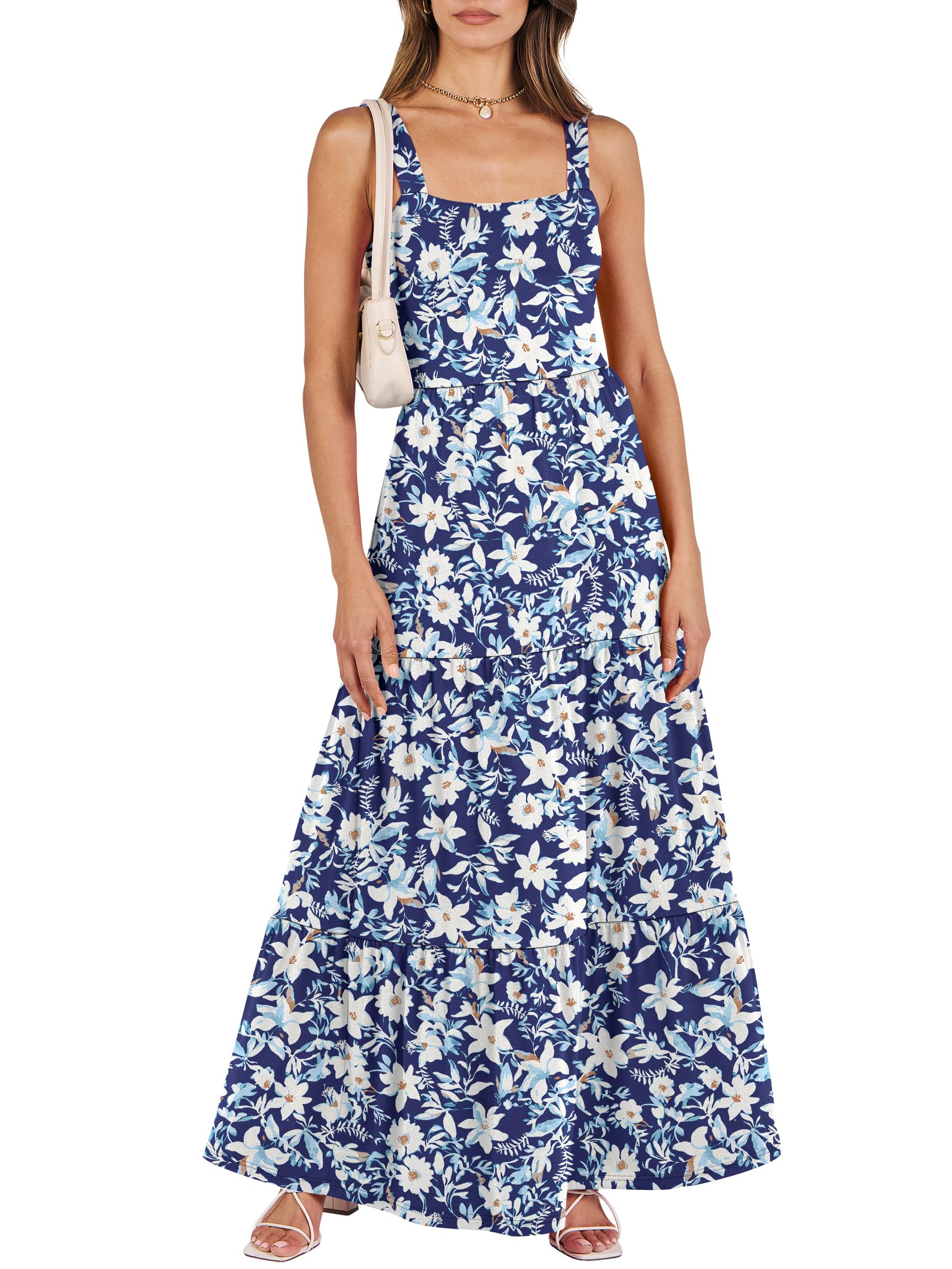 ANRABESS Women's Summer Casual Long Maxi Beach Vacation Dresses Sleeveless Square Neck Flowy Tiered Sun Dress with Pockets