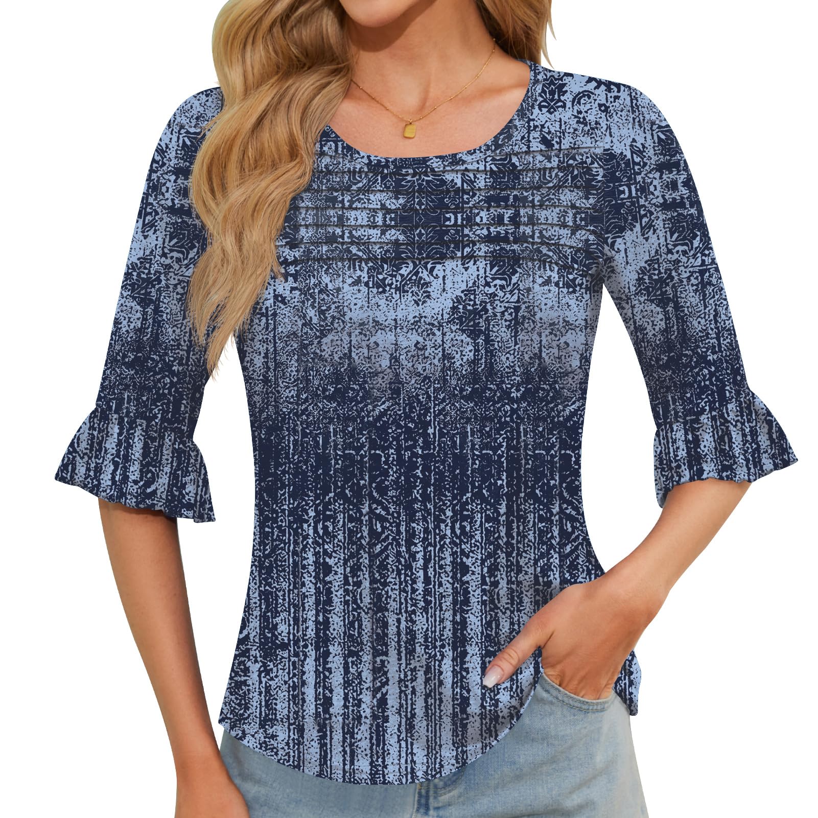 Blingfit Womens Tops 3/4 Length Sleeve Dressy Casual Shirts Bell Sleeve Front Pleated Fasion Trendy Summer Blouses 2026