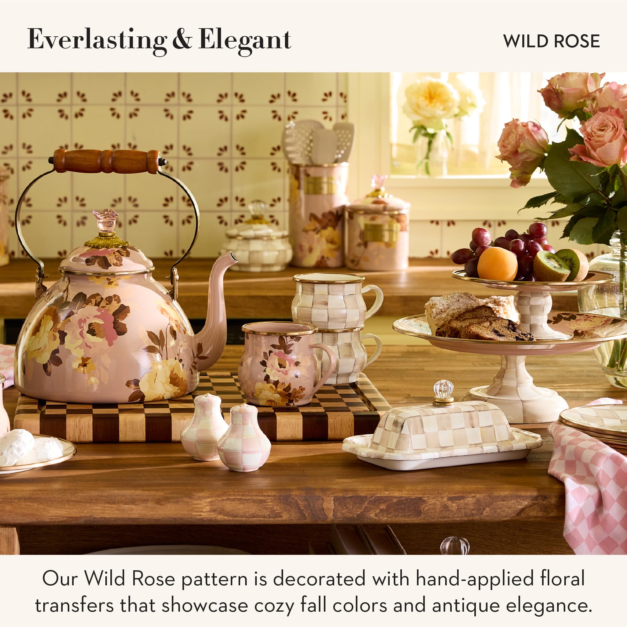 MACKENZIE-CHILDS Enamel Utensil Holder, Stylish Kitchen Countertop Organizer, Wild Rose Brown