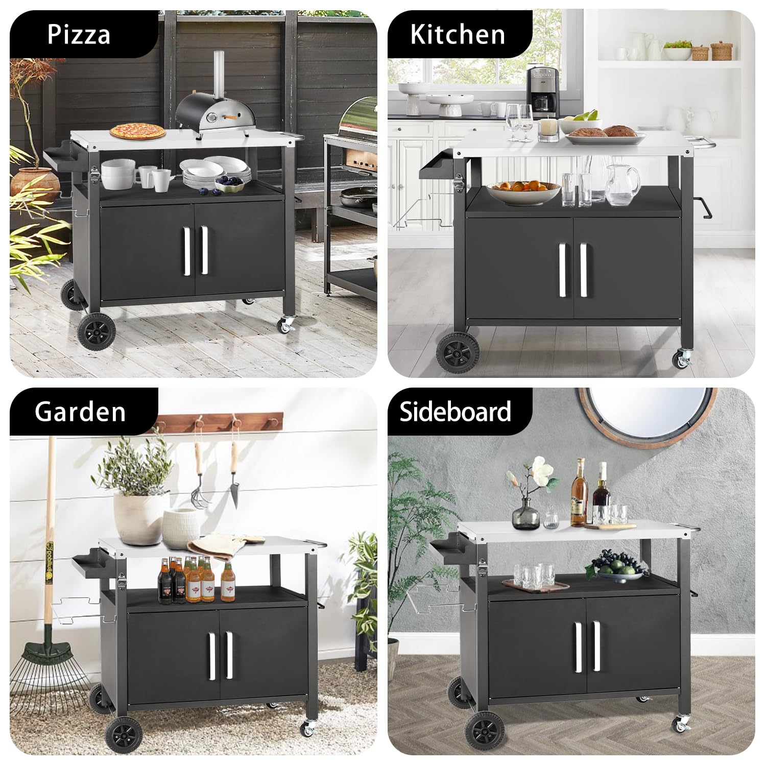 Kendane Grill Cart Table with Big Storage Cabinet, Movable Outdoor Dining Cart Pizza Oven Stand, Kitchen Cart Island Multifunction Food Prep Table Stainless Steel Surface