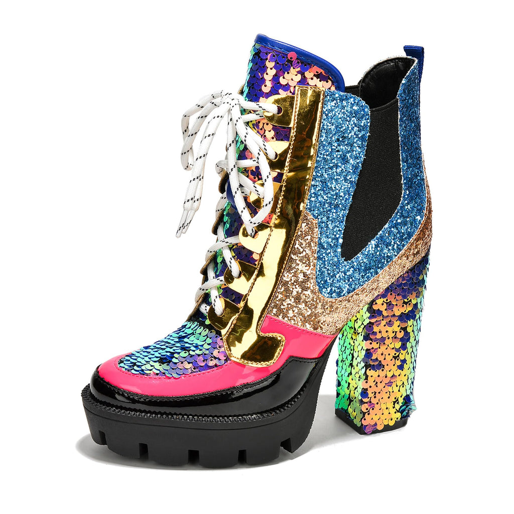 Cape Robbin Nell Heeled Boots for Women Sparkly Sequin Platform Chelsea Boots Women - Chunky Block Heels with Sequined Tongue and Heel - Stylish Glitter Ankle Boots for Women