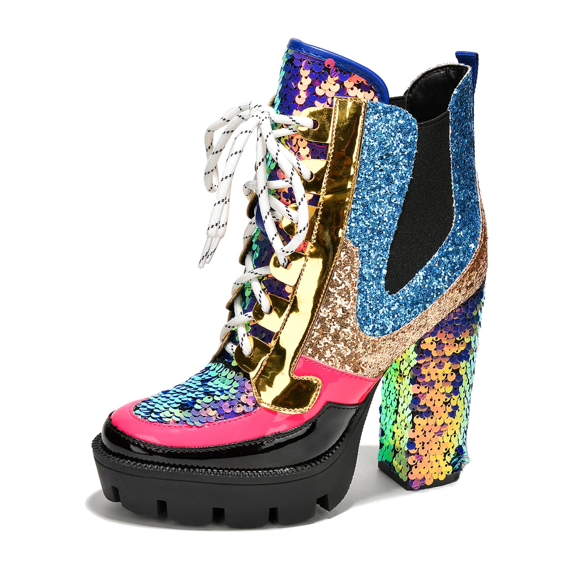 Cape Robbin Nell Heeled Boots for Women Sparkly Sequin Platform Chelsea Boots Women - Chunky Block Heels with Sequined Tongue and Heel - Stylish Glitter Ankle Boots for Women