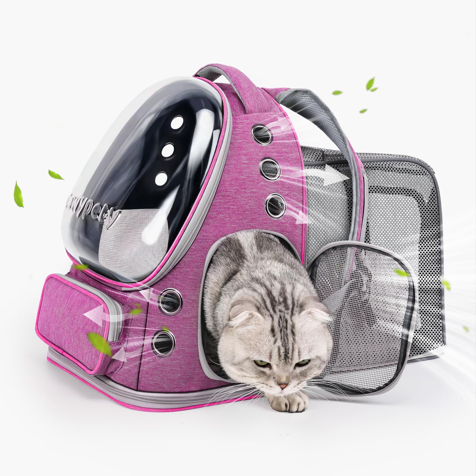 Cawypety Cat Backpack Carrier, Breathable Cat Carrier Large Space Bubble Pet Backpack for Kitty Small Dog up to 12lbs, Transparent & Foldable Pet Carrier for Travel Hiking (Black