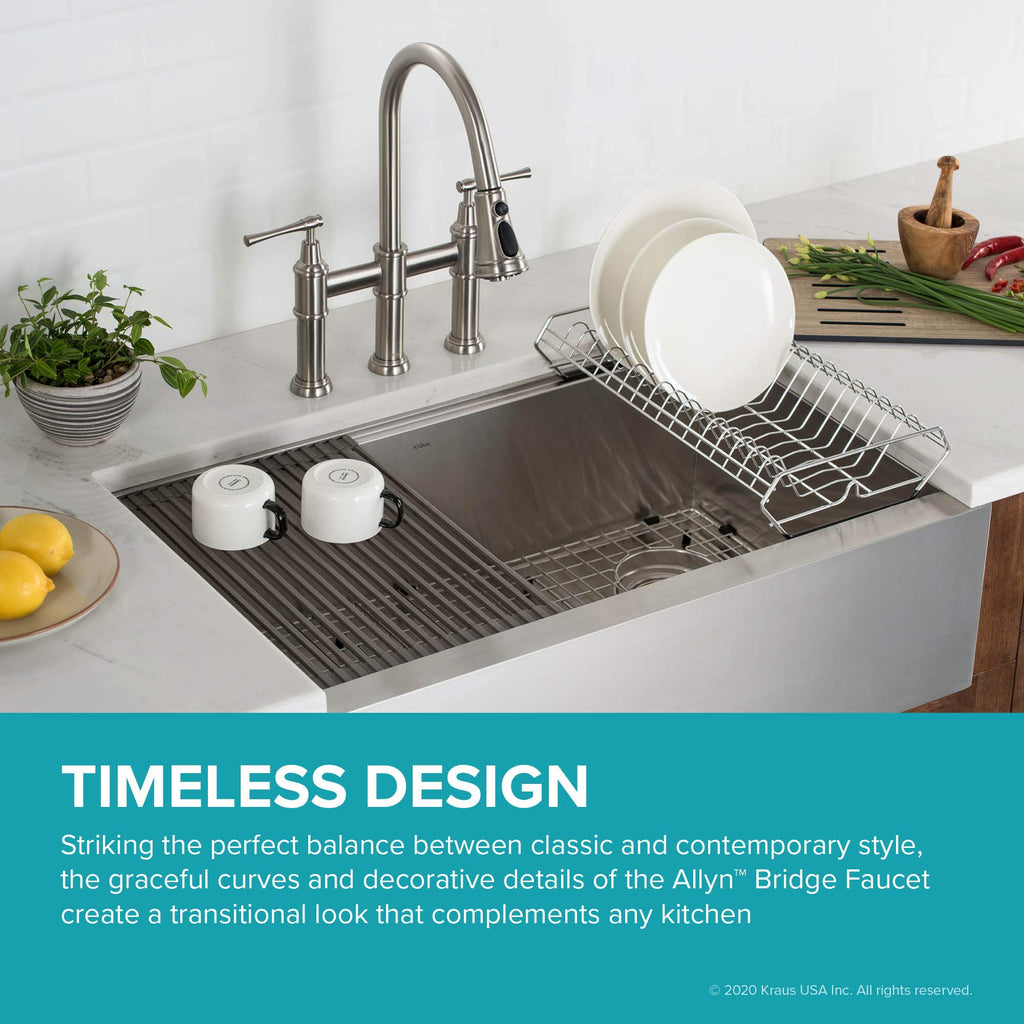 KRAUS Allyn Transitional Bridge Kitchen Faucet with Pull-Down Sprayhead in Brushed Gold, KPF-3121BG