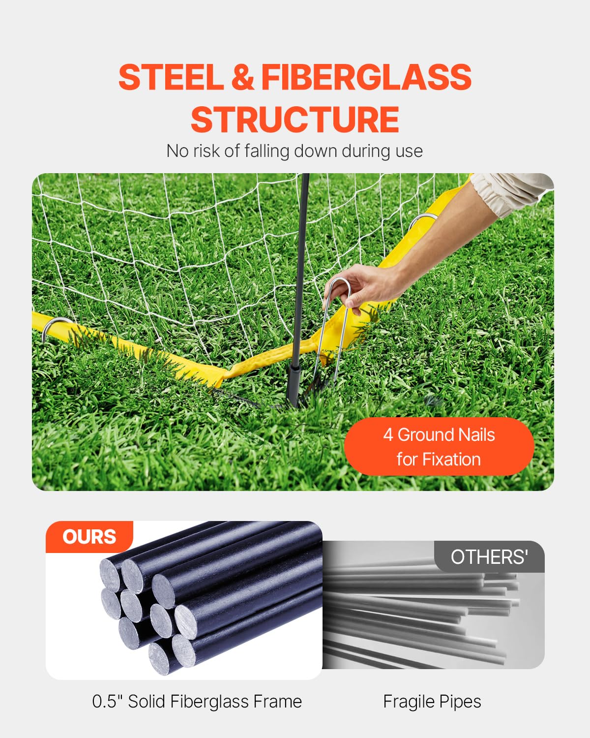 VEVOR Portable Soccer Goal, 12 x 6 ft Large Practice Soccer Net, Steel Fiberglass Structure Training Goal Set with Carry Bag, All-Weather Outdoor Use, for Backyards, Parks, School Fields