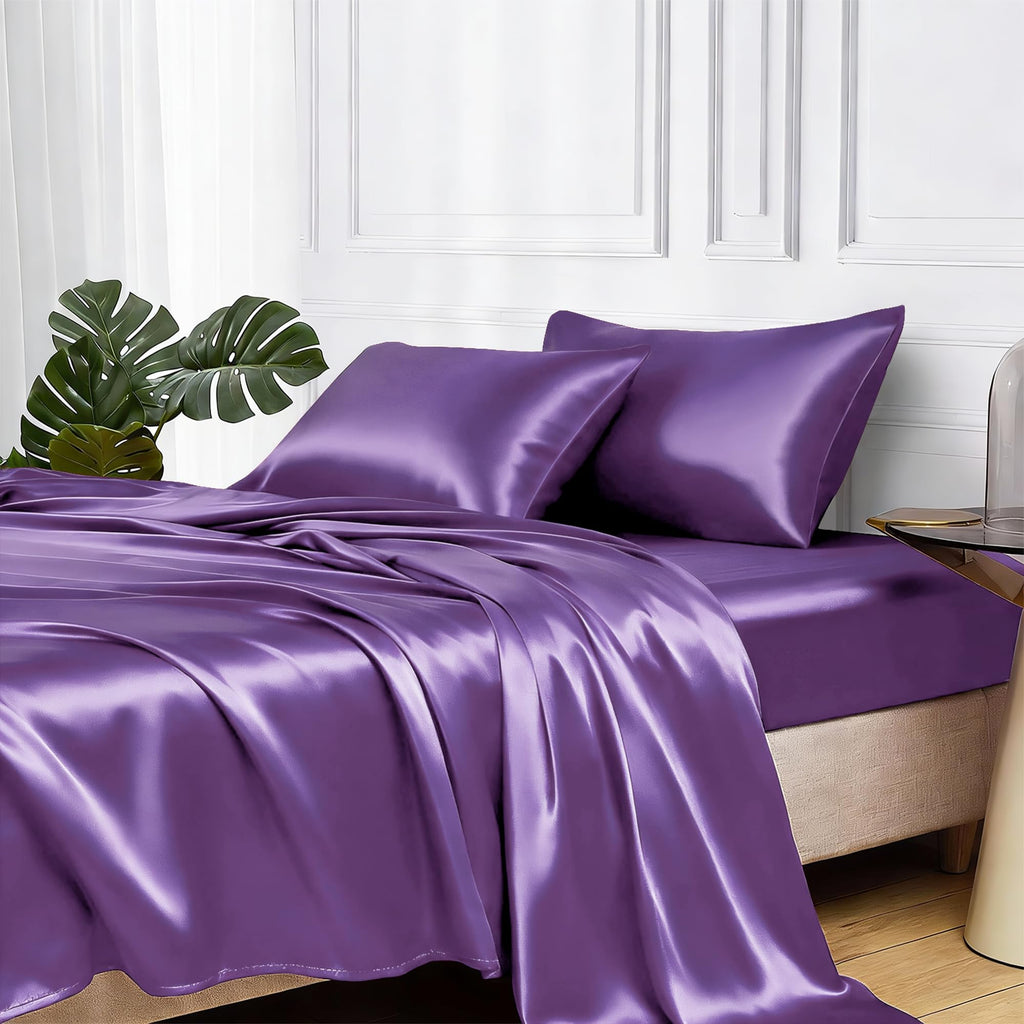 MR&HM Satin Sheets with Elastic Corner Straps, Twin Size 3-Piece Silky Bedding Set, Deep Pocket 15 Inches, Good for Hair & Skin (Twin, Black)