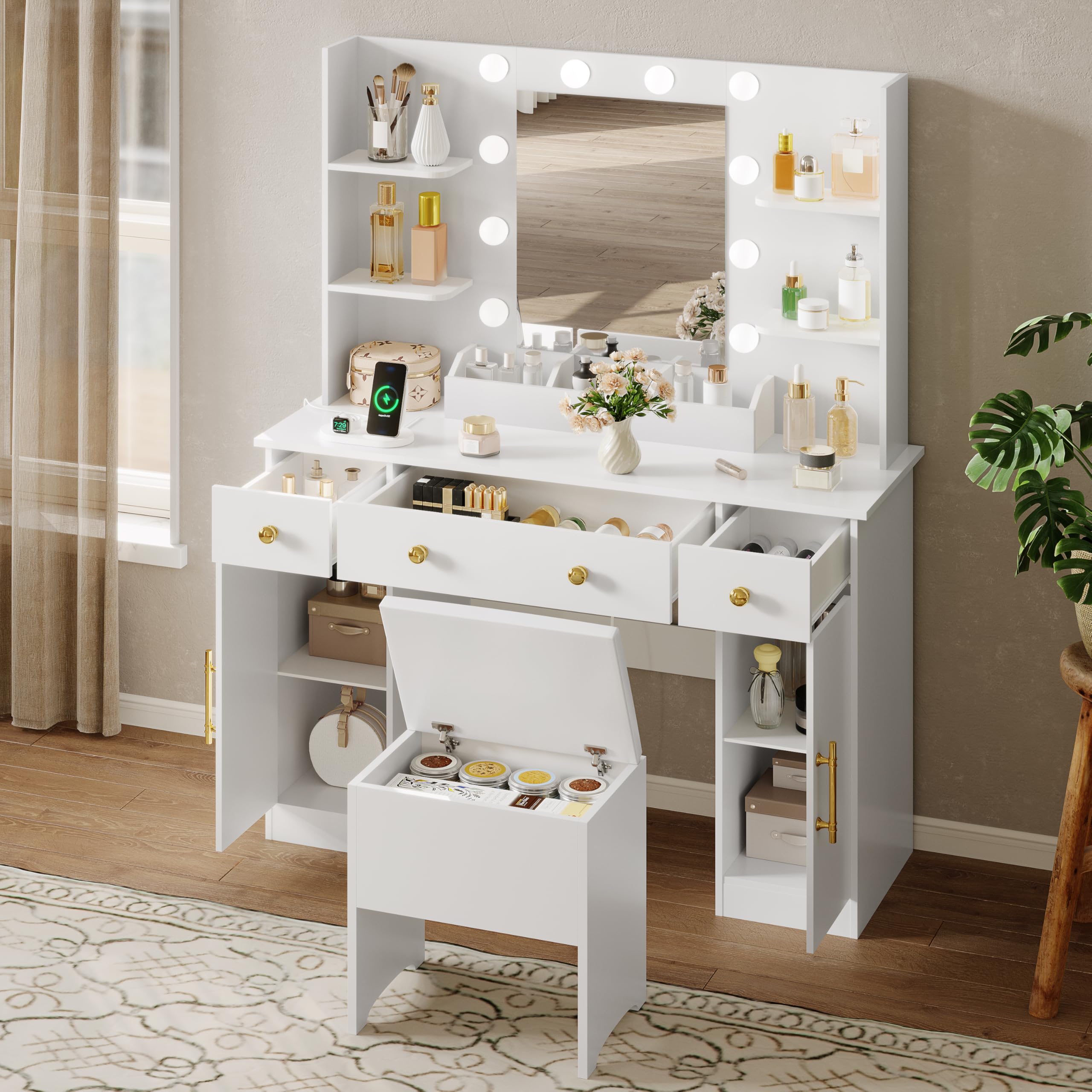 HUANLEGO Vanity Desk with Mirror and Lights, Makeup Vanity with Mirror and LED Lights & Power Outlet, 3 Drawers and Cabinets, 3 Lighting Modes Dressing Table Set for Girls Women Bedroom,Oak