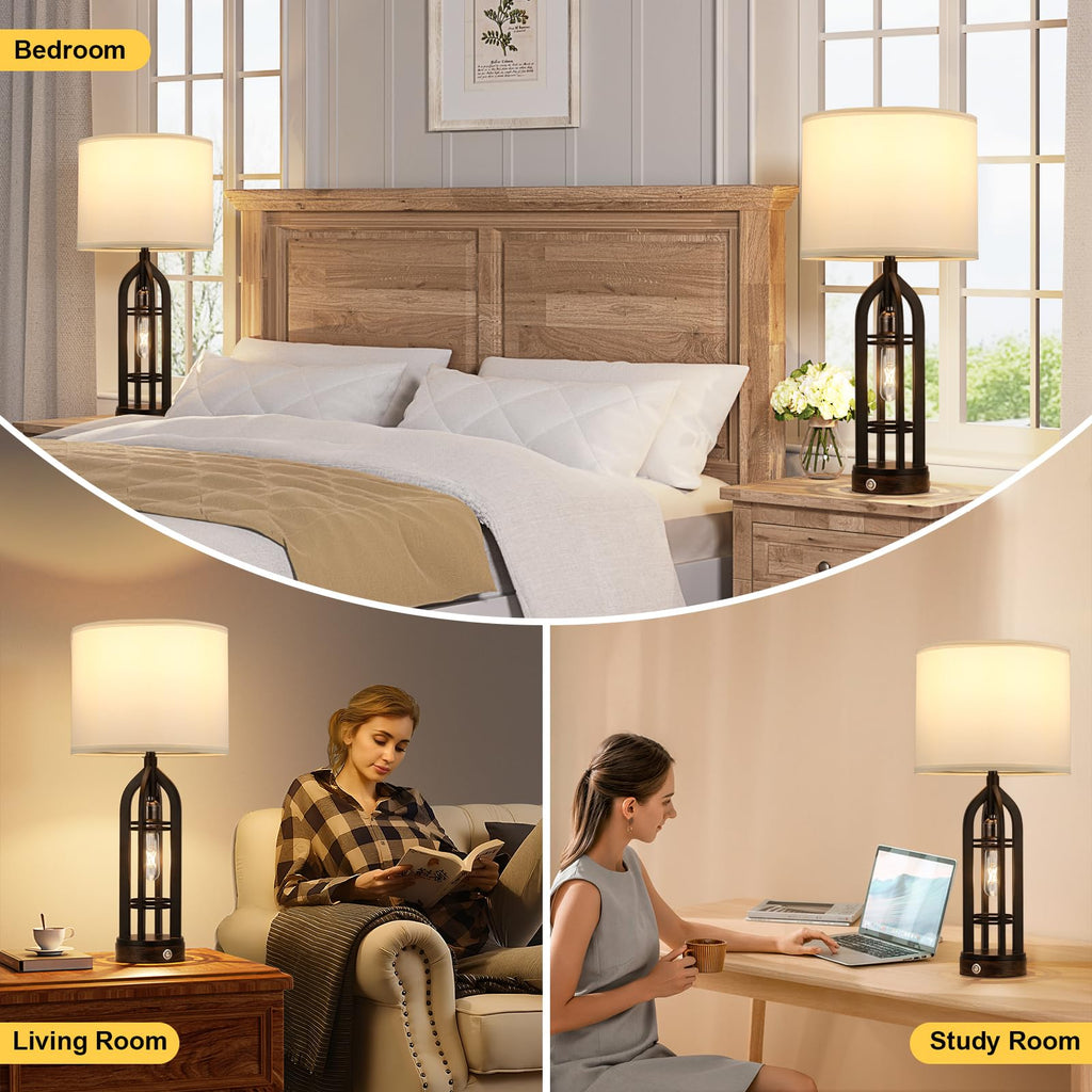 Seealle Table Lamp for Living Room Set of 2 - Wood-Like Bedside Lamp for Bedroom with USB C+A & Outlet, Farmhouse Lamps for Night Stands, 3-Way Dimmable Touch Lamps for Living Room