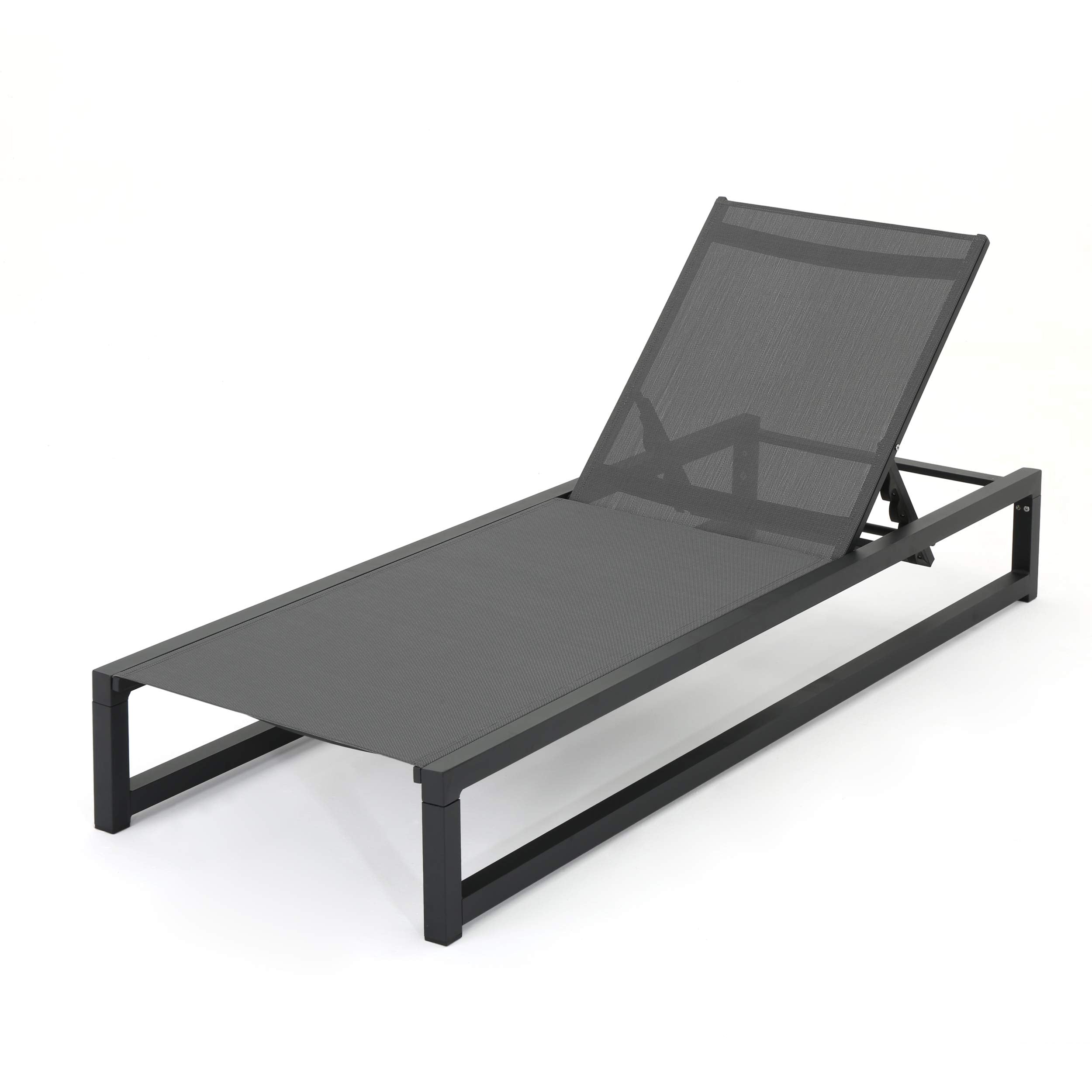 Christopher Knight Home Modesta Outdoor Aluminum Framed Chaise Lounges with Mesh Body, 2-Pcs Set, Black Finish / Grey Mesh