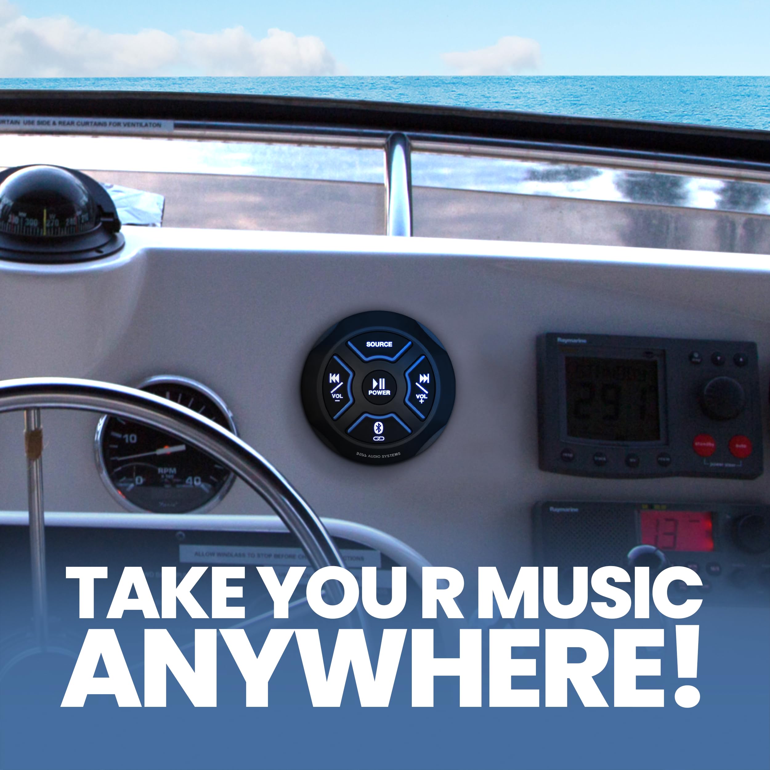 BOSS Audio Systems MGR250B Bluetooth Marine Radio Gauge Receiver, Built-In Amplifier, IPX6-Rated, USB Port + USB Charging