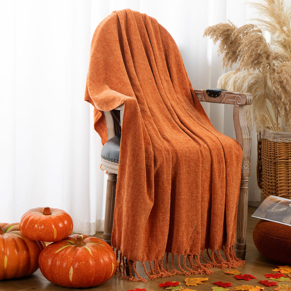 BATTILO HOME Beige Chenille Throw Blanket for Couch, Soft Cozy Textured Knit Throw Blanket with Handmade Fringe Tassels, Lightweight Decorative Farmhouse Blanket for Sofa Bed Chair, 50"x60"