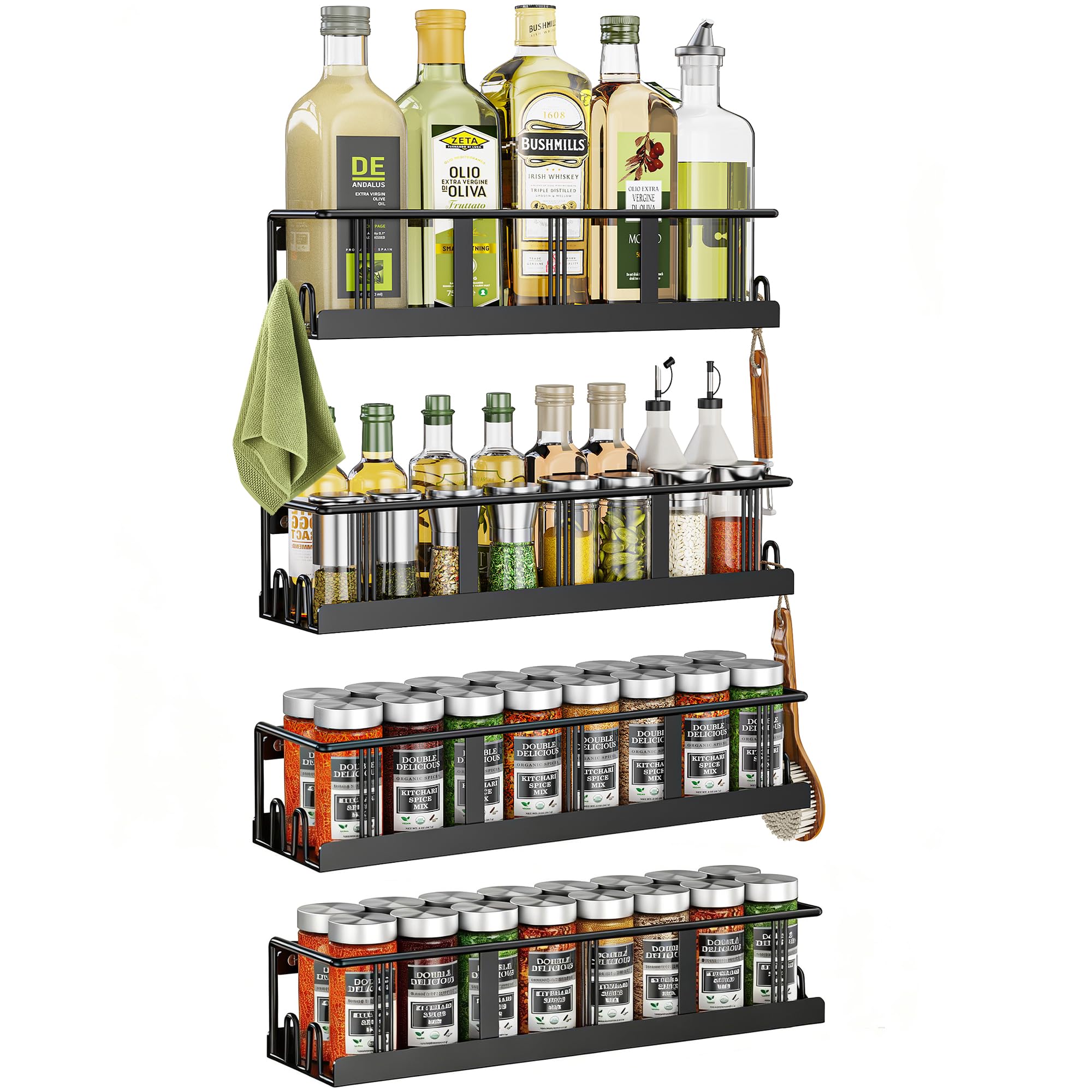 Bunoxea Spice Rack Wall Mounted 2 Pack,RV Spice Rack,Black | 8 Built-in Hooks,2 Versatile Sizes, Space-Saving,Flat Base, Screw or Adhesive, For Kitchen Cabinet, Pantry Door,Stove,RV