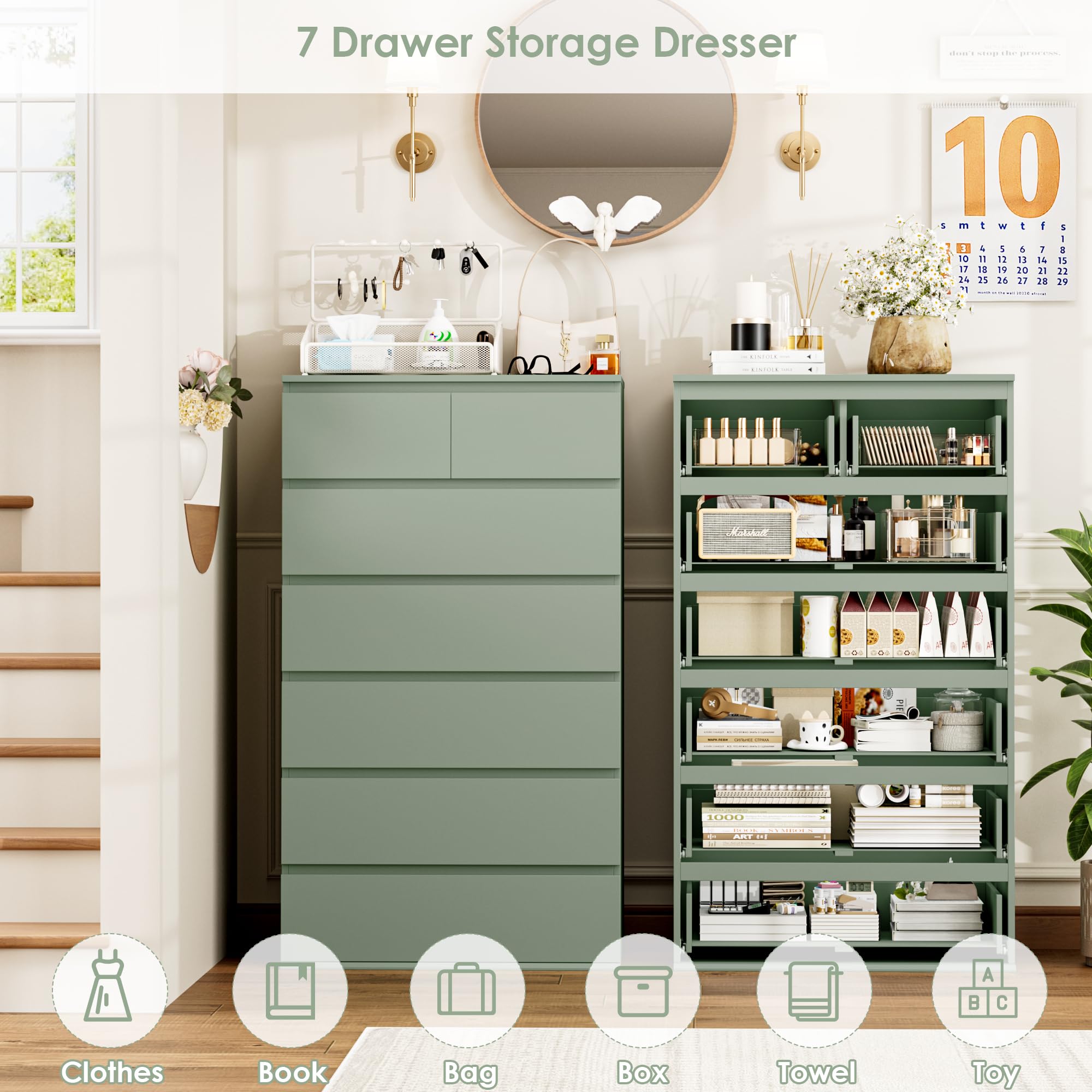 FOTOSOK 7 Drawer Dresser, Black Dresser Tall Dresser, 23.6W x 15.7D x 46.7H in Black Chest of Drawers with Large Storage Space for Home