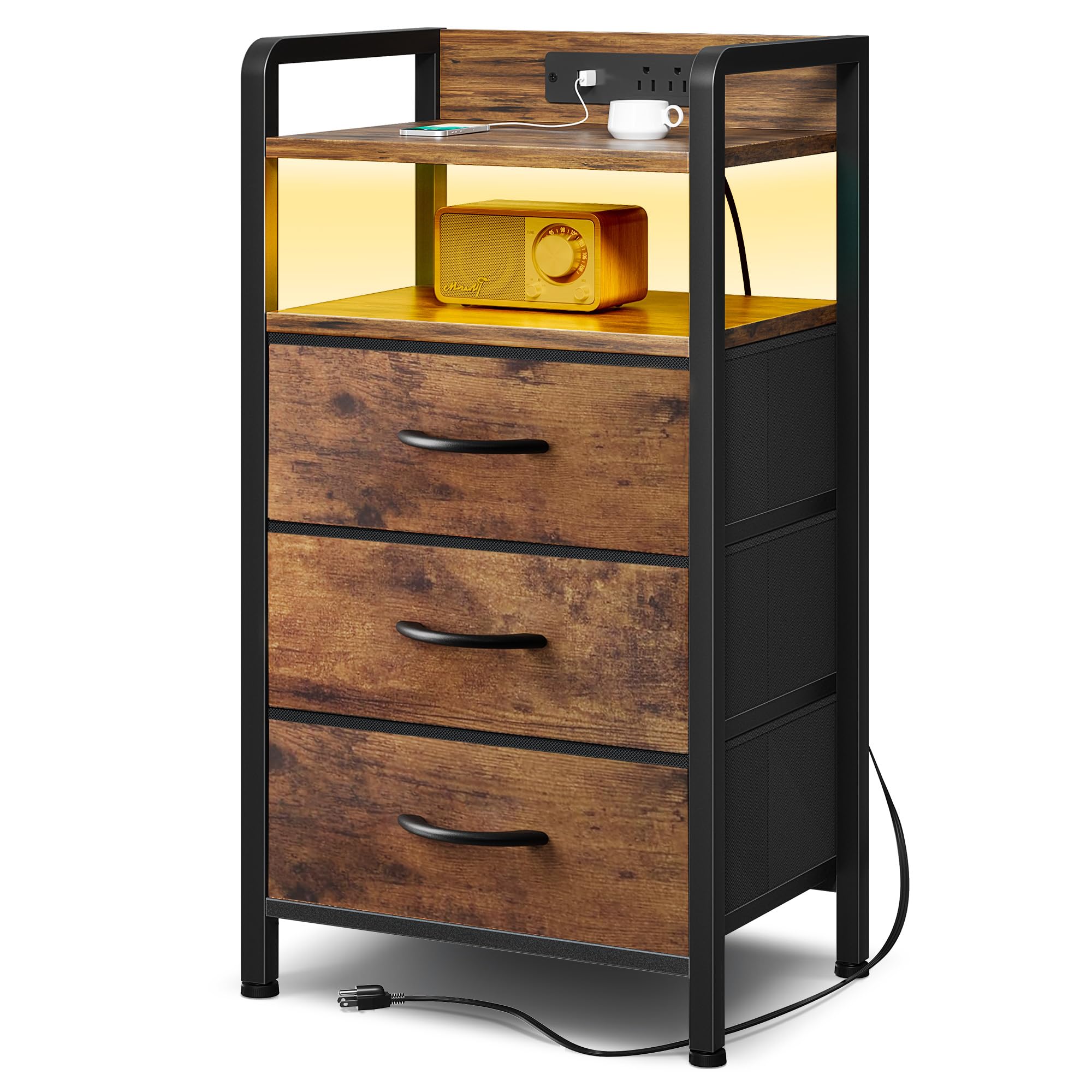 Lazzanto Night Stand Bedside Charger Bedroom - Nightstand with Charging Station & LED Light Strip, Night Stand with Storage Shelf & 2 Fabric Drawers, Morden End Table with U-S-B Ports & AC Outlets