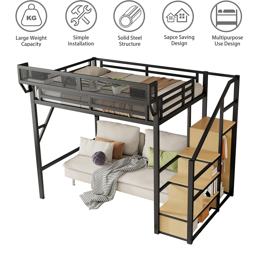 Mirightone Full Size Loft Bed with Stairs, Metal Loft Beds, High Loft Bed Frame with Storage Shelves, Lofted Full Bed with Wardrobe for Kids and Teens, No Box Spring Needed (Black)