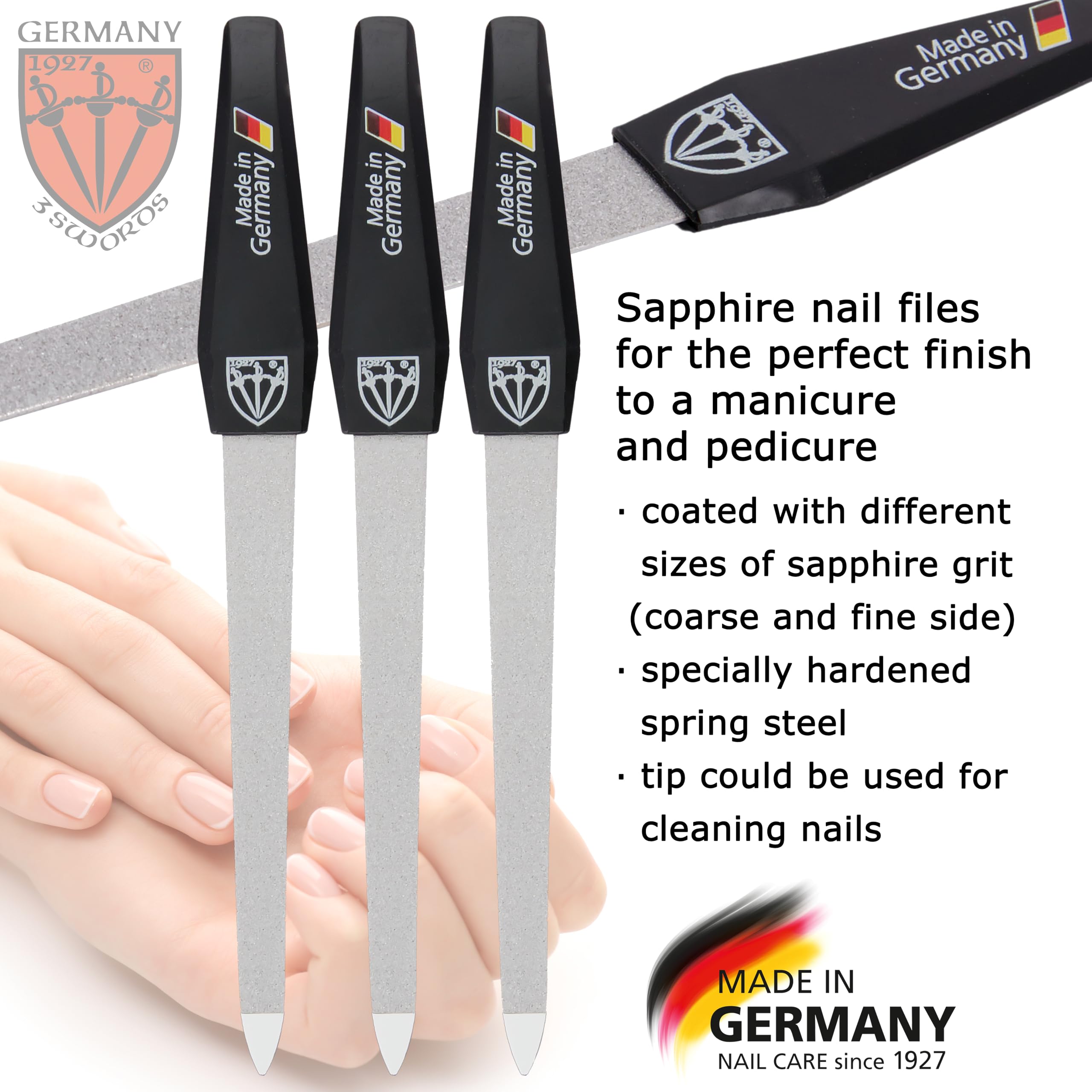 3 Swords Germany - Sapphire Metal Nail File Set 10 Pieces with 1 Piece 3-Way Nail Buffer – Nail Care Made in SOLINGEN/Germany