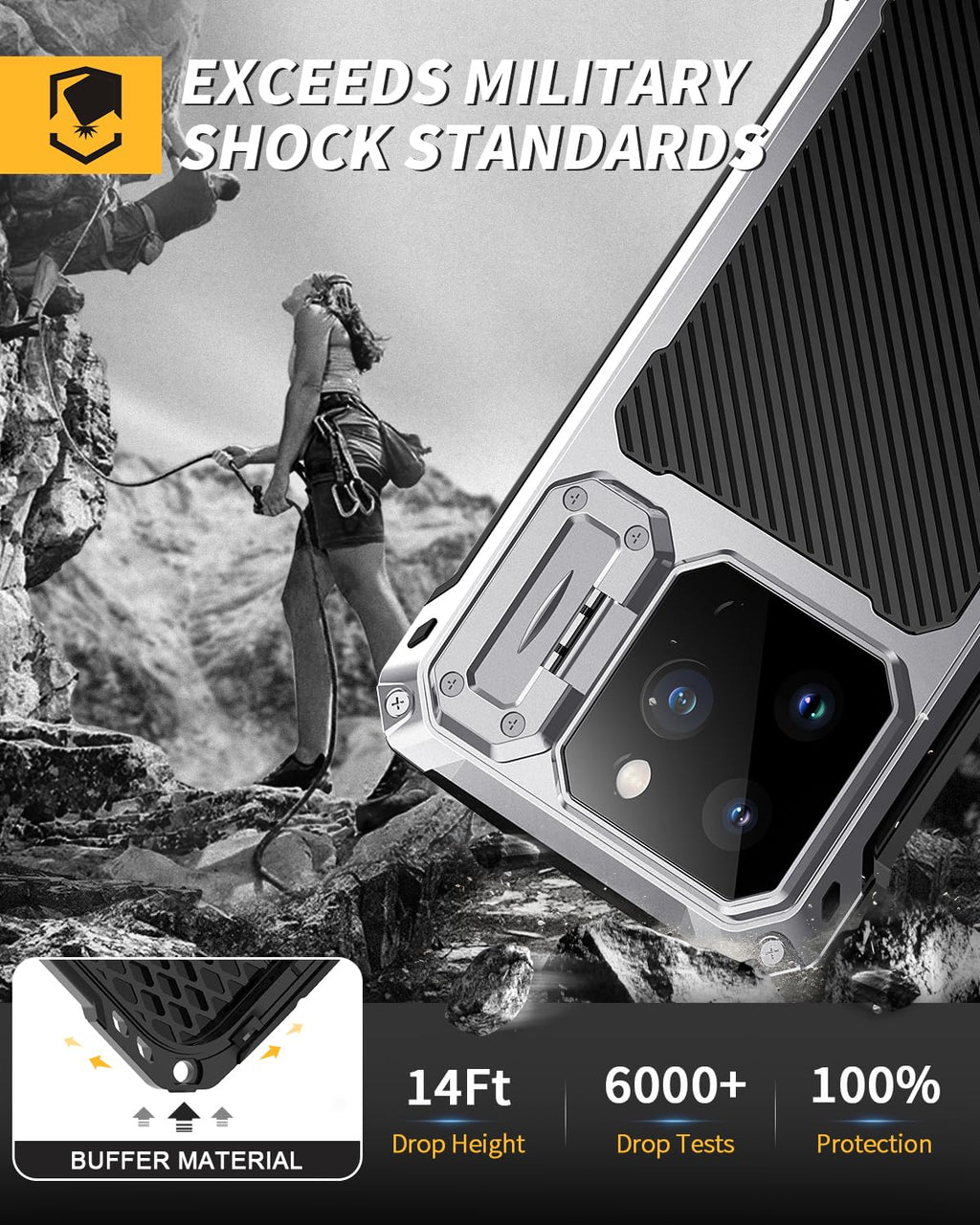 Lanhiem for iPhone 16 Metal Case with Camera Cover & Stand [Compatible with MagSafe] [Built-in Kickstand] [Military-Grade Protection] Heavy Duty Rugged Magnetic Phone Case, Black