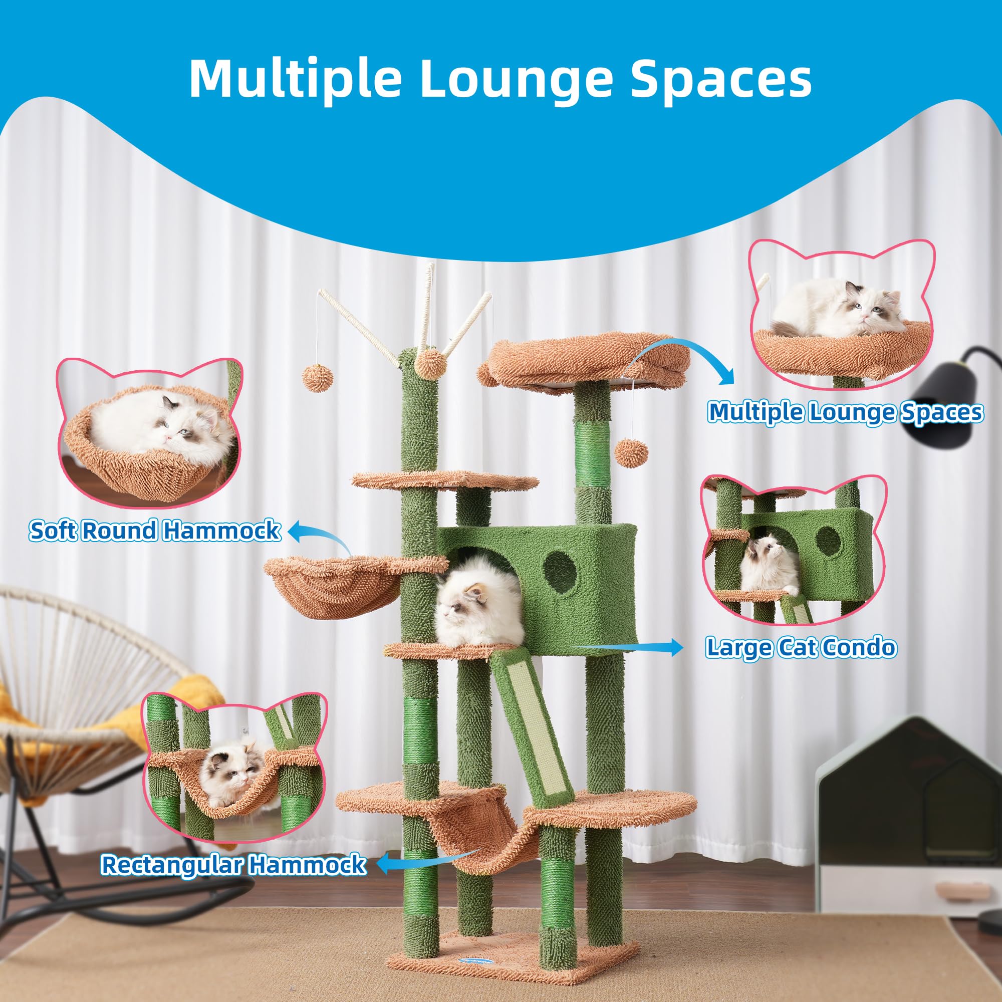 Hey-brother Cat Tree, 53 inch Cat Tower for Indoor Cats, Cat House with Padded Platform Bed, Toy Balls, Large Cozy Condo, Hammocks and Sisal Scratching Posts, Beige MPJ019-SM
