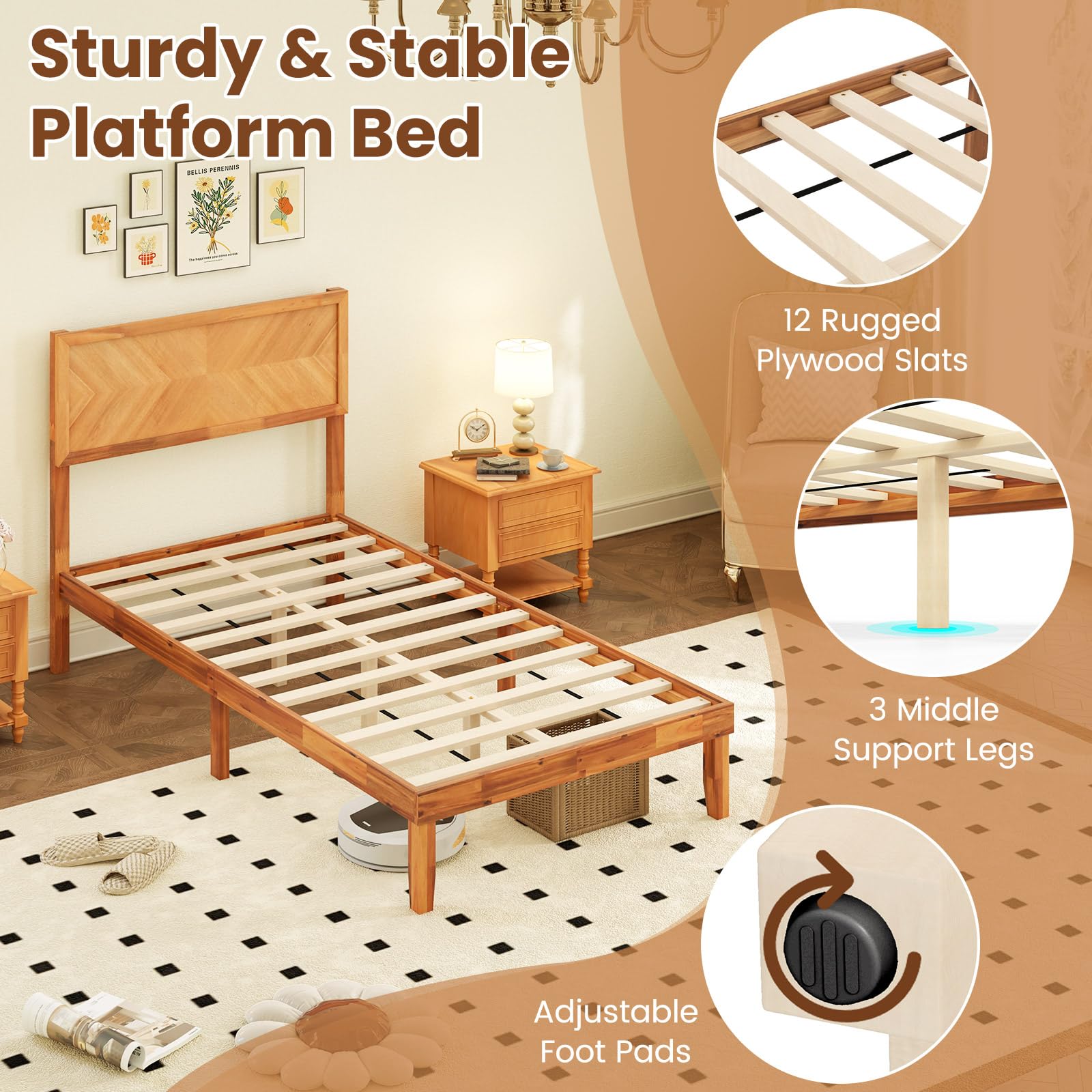 Giantex Wood Twin Bed Frames with Headboard, Solid Acacia Wood Platform Bed with 12 Strong Wooden Slat Support, Scandinavian Style Art Deco Twin Size Bed Frame, No Box Spring Needed, Rustic Brown