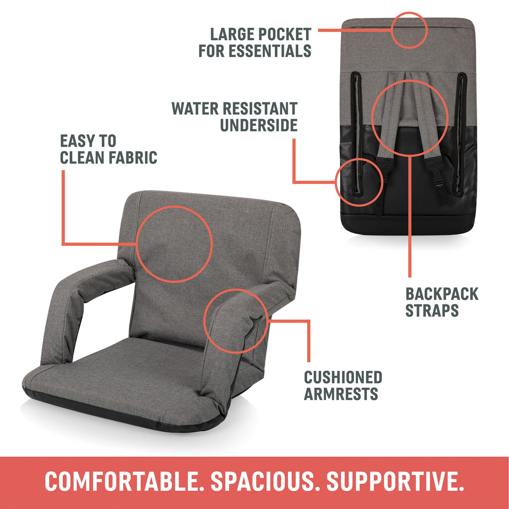 PICNIC TIME Ventura Portable Reclining Stadium Seat with Back Support, Folding Bleacher Chairs with Back and Cushion, Thick Padded Stadium Seat, Armrest, and Six Backrest Positions, (Black, Standard)