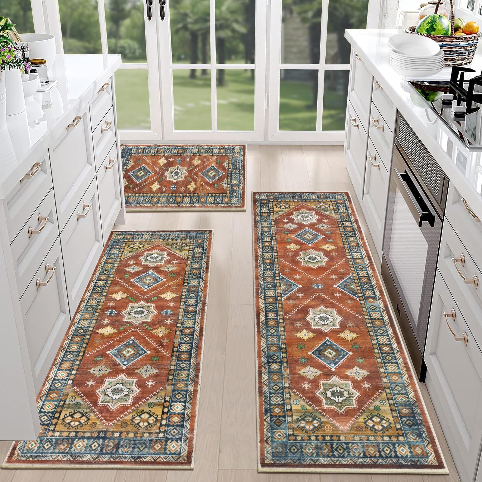 HEBE Boho Kitchen Rug Sets 3 Piece with Runner Non Slip Kitchen Rugs and Mats Washable Kitchen Mats for Floor Thick Kitchen Floor Mat Carpet Runner Rugs for Hallway Laundry Holiday Decor