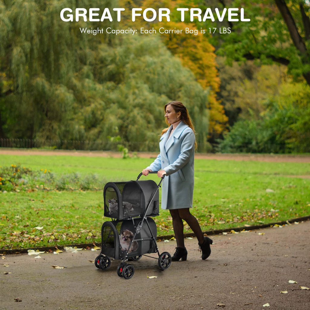 Giantex Double Pet Stroller with 2 Detachable Carrier Bags, Safety Belt, 4 Lockable Wheels, Folding Cat & Dog Stroller for Small Medium Pets, Cats Dogs Puppy Travel Strolling Cart (Beige)