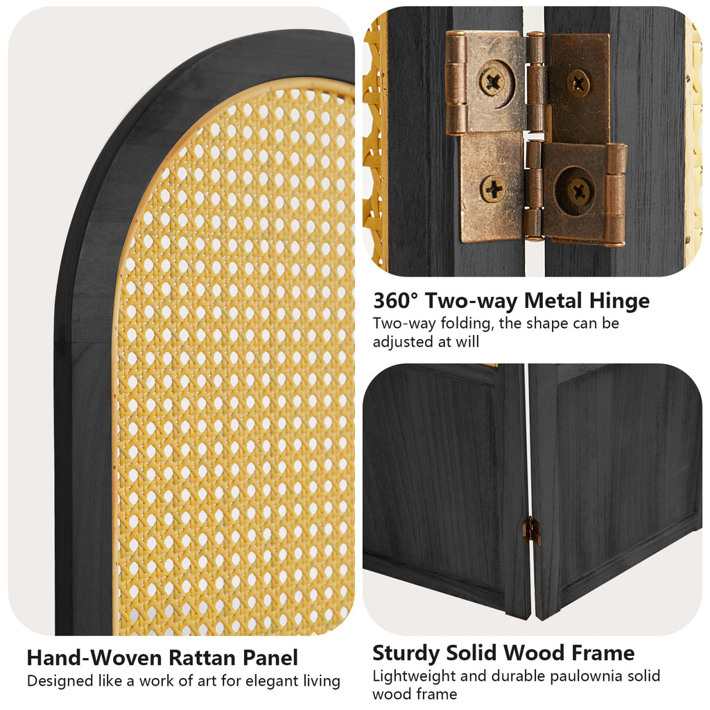 Hand-Woven Rattan Room Divider 3 Panels, 5.9 Ft Tall Wood Room Divider Panel, Partition Screen Divider Wall, Folding Privacy Screen, Wall Divider for Room Separation Home Office - Black