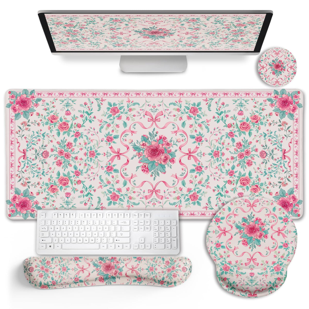 Black Striped Ergonomic Large Desk Mat Set with Wrist Rest