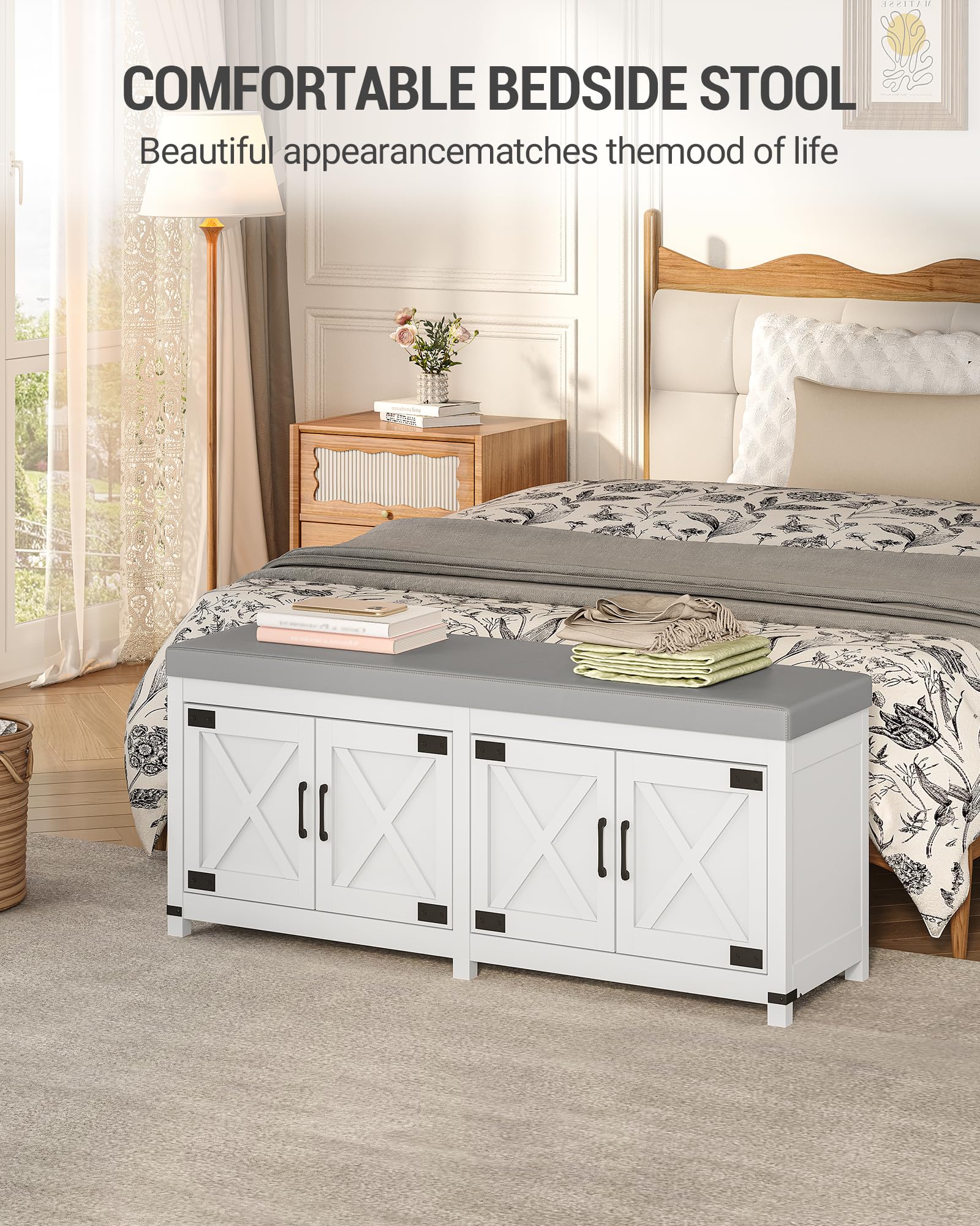 Hzuaneri Shoe Storage Bench, 2 Tier Shoe Bench with Padded Seat Cushion & 2 Barn Doors, Entryway Bench with Adjustable Shelf, Farmhouse Shoe Cabinet for Living Room, Bedroom, Antique White SB26214KA