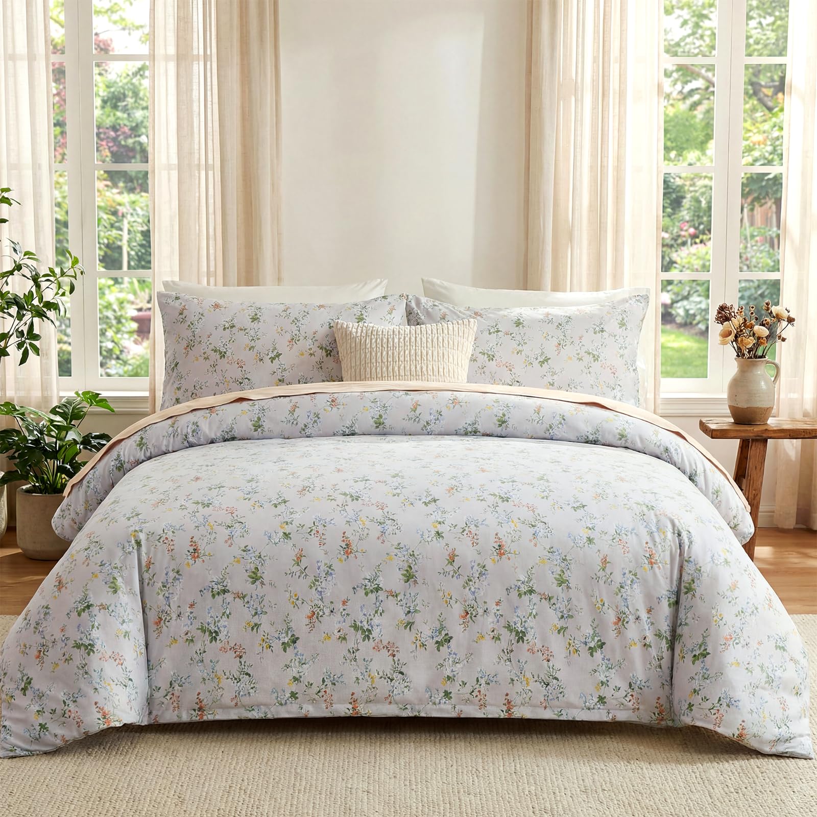 100% Natural Cotton Comforter Set Queen 3 Pcs Grayish Blue Bedding Sets with Luxurious Damask Pattern, Reversible Breathable Soft Comforter Sets for All Season