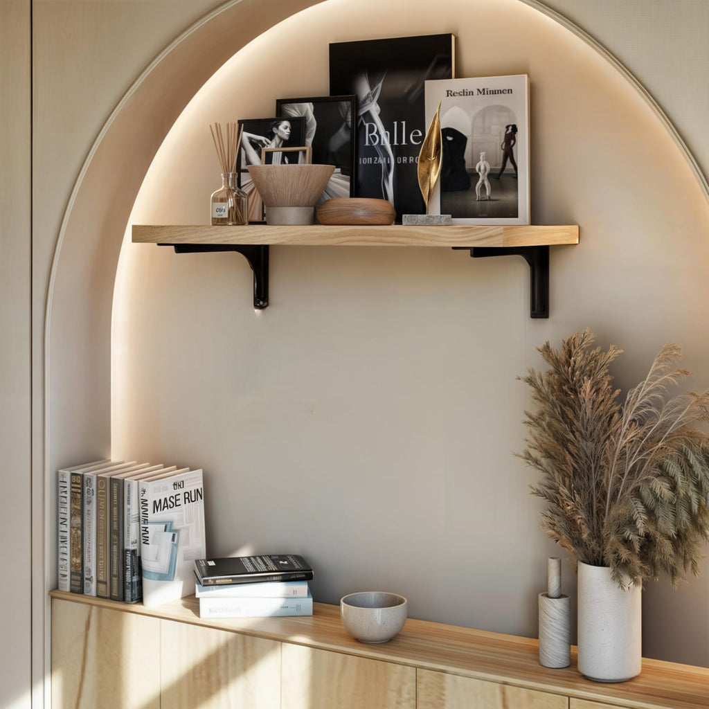 BATODA 8" x 5" L Bracket with Beam - Shelf Brackets Black 300 Lbs Capacity - Heavy Duty Shelving Brackets for Floating Shelves - Wall Mounted Support for DIY – Mounting Hardware Included (Pack 4)