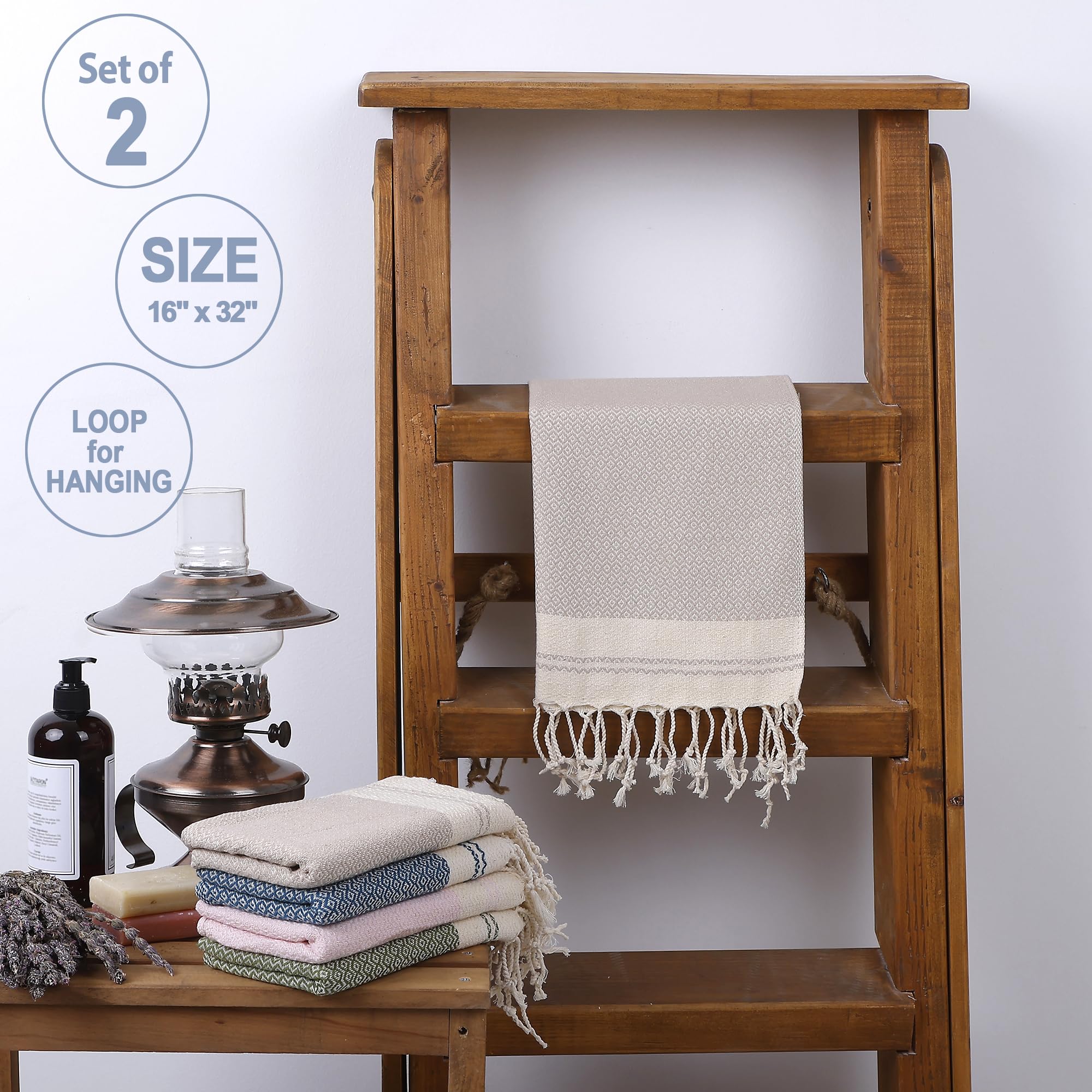 Evelynen Turkish Hand Towels for Bathroom & Kitchen Towels Decorative Set of 2 | Boho Farmhouse Hand Towels with Hanging Loops for Face, Tea, Dish, Kitchen & Bath | %100 Cotton (16" x 32" - Beige)