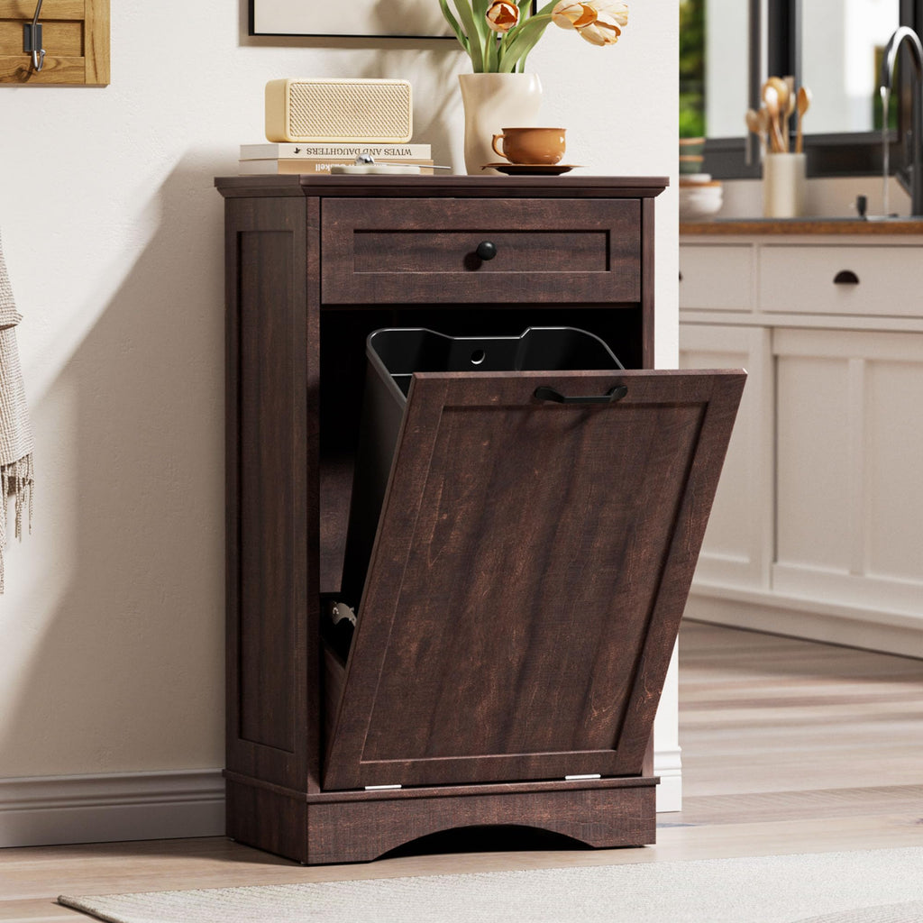 AHB Double Tilt Out Trash Can Cabinet Freestanding Kitchen Trash Can, 2x13 Gallons Hidden Garbage Recycling Cabinet with Hideaway Drawers Pet Proof Trash Can Holder for Kitchen, Antique White