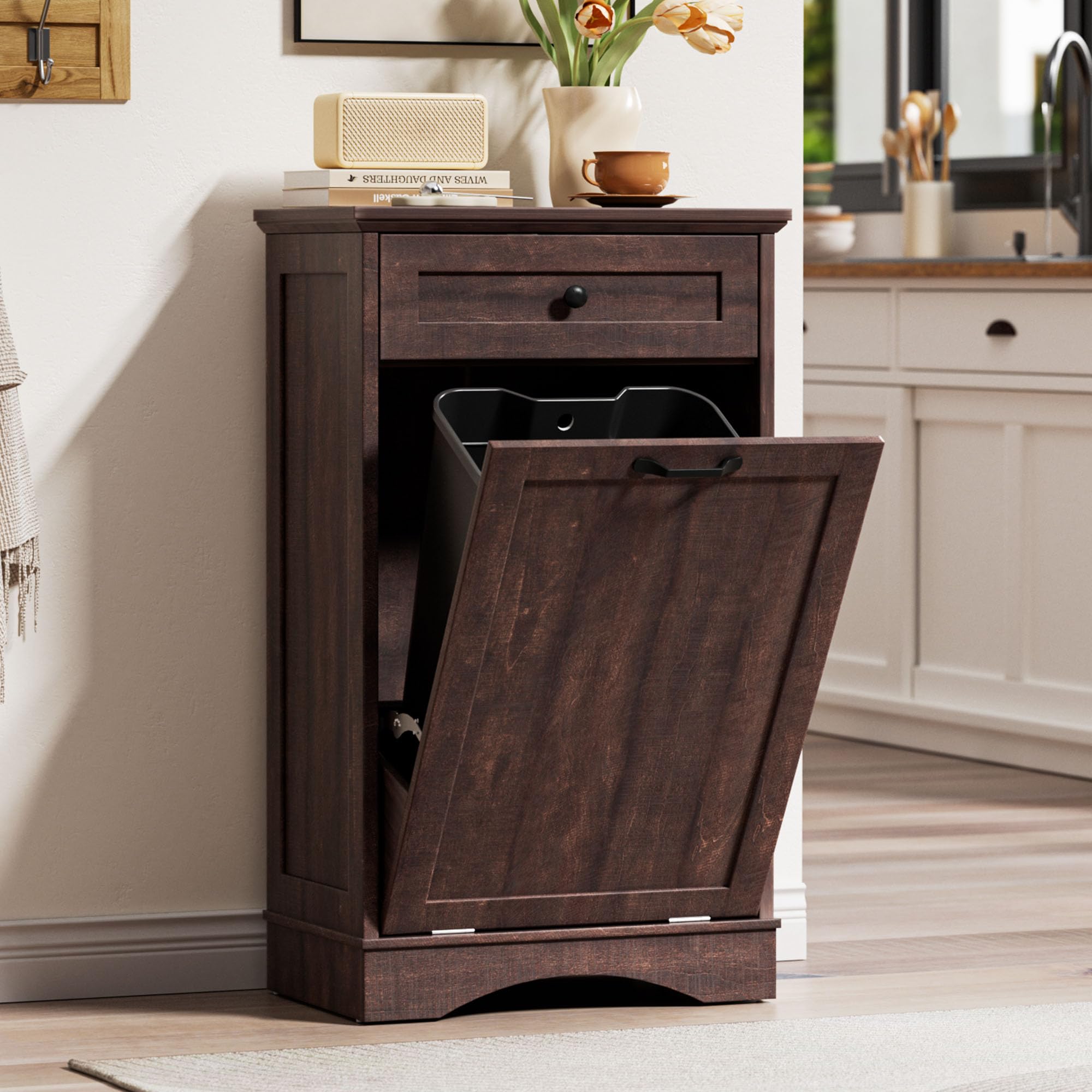 AHB Double Tilt Out Trash Can Cabinet Freestanding Kitchen Trash Can, 2x13 Gallons Hidden Garbage Recycling Cabinet with Hideaway Drawers Pet Proof Trash Can Holder for Kitchen, Antique White