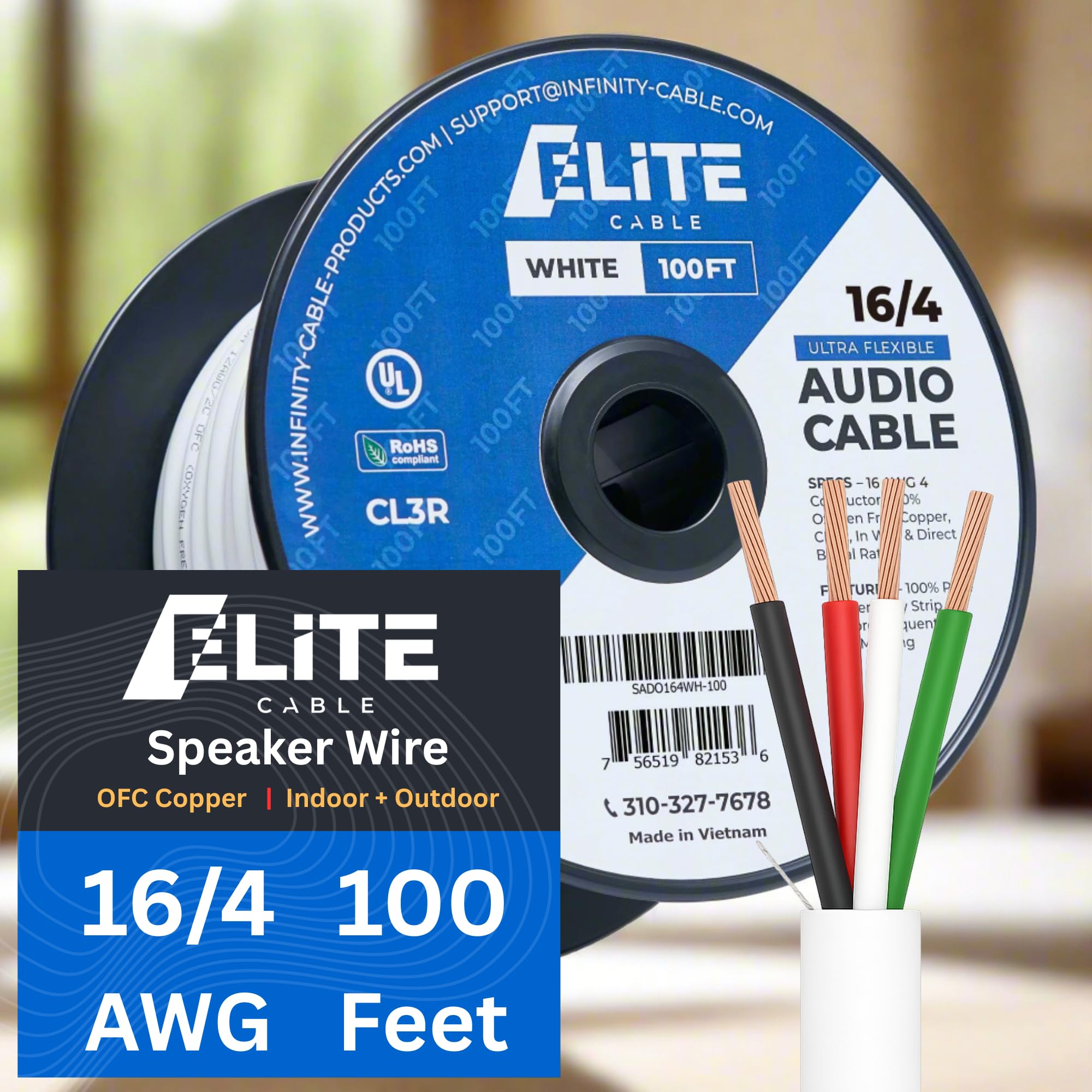 Elite 12/2 Speaker Wire 100ft, UL Listed, CMR/CL3R, (Riser/in-Wall & Outdoor/In-Ground (Direct Burial)- 100% Oxygen Free Pure Bare Copper (OFC), 12AWG/2-Conductor, 100ft Bulk Cable (65 Strands) Black