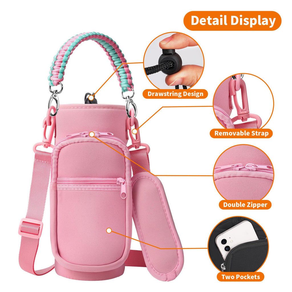 AceTreker 32/40/64/128 oz Neoprene Insulated Water Bottle Carrier Bag, Sling Bag Sleeve Pouch Holder with Strap & Paracord Handle and 2 Pocket for Travelling, Hiking, Camping