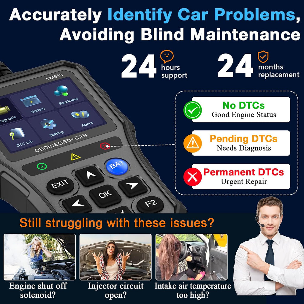 AMTIFO OBD2 Scanner with Battery Tester - Check Engine Light & Emissions Readiness, Plug & Play, Battery Health, Real-Time Date, Car Code Reader, Support All OBD II Vehicles