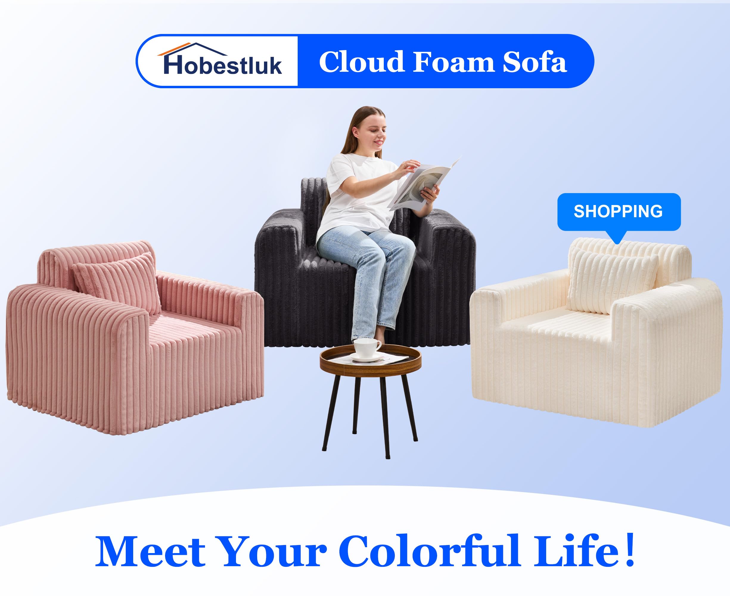 Hobestluk Single Sofa Foam Couch Sofa for Small Spaces Comfy Sofas with Removable Cover Furry Couch with Pillows for Living Room, Bedroom, Apartment, Office (Black, Standard)