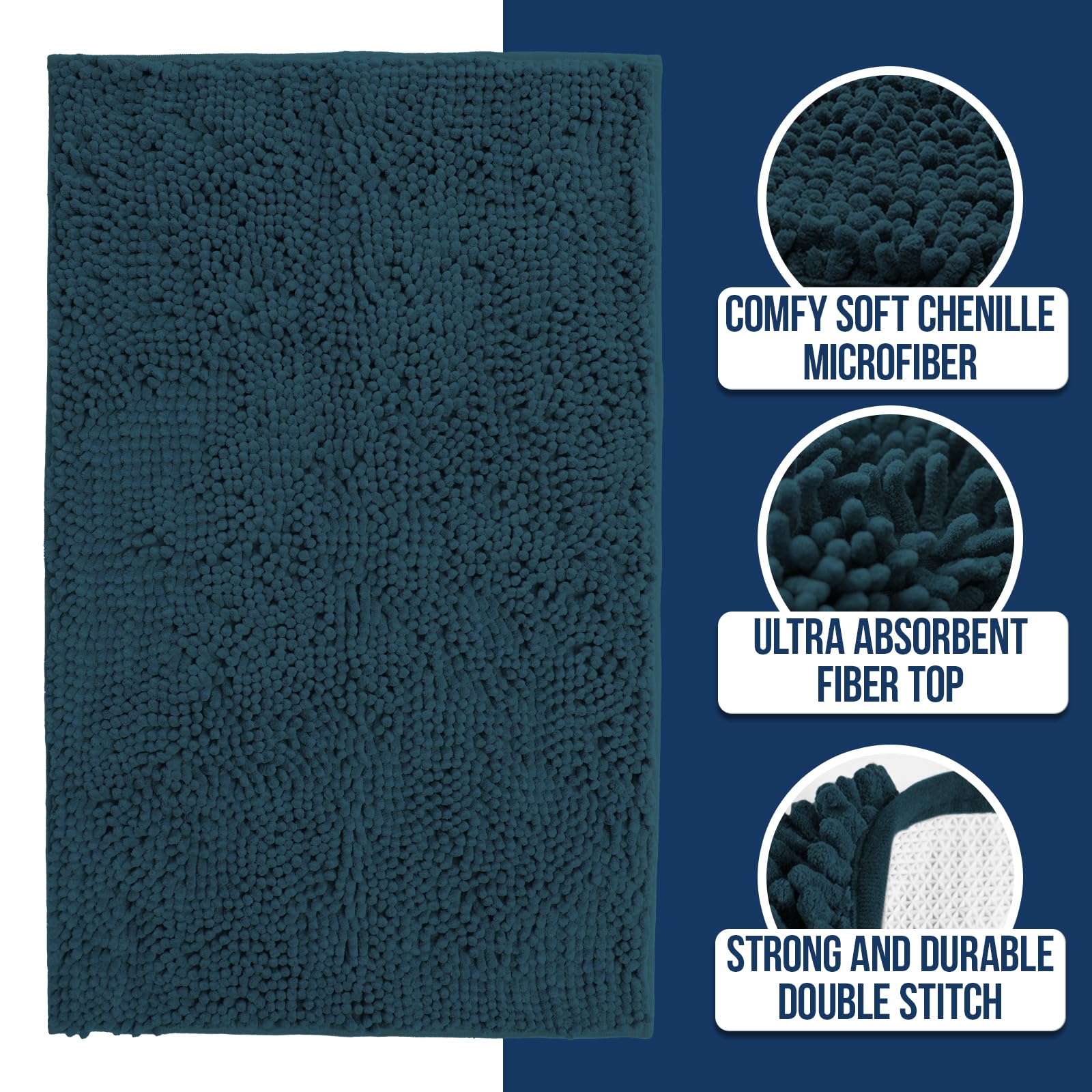 Muddy Mat Chenille Bathroom Rugs Quick Dry Microfiber Mats Non Slip Washable, Extra Thick, Soft and Highly Absorbent Bath Mats for Bathroom, Kitchen, and Shower Floor - Atlantic Blue Small 28"X18"