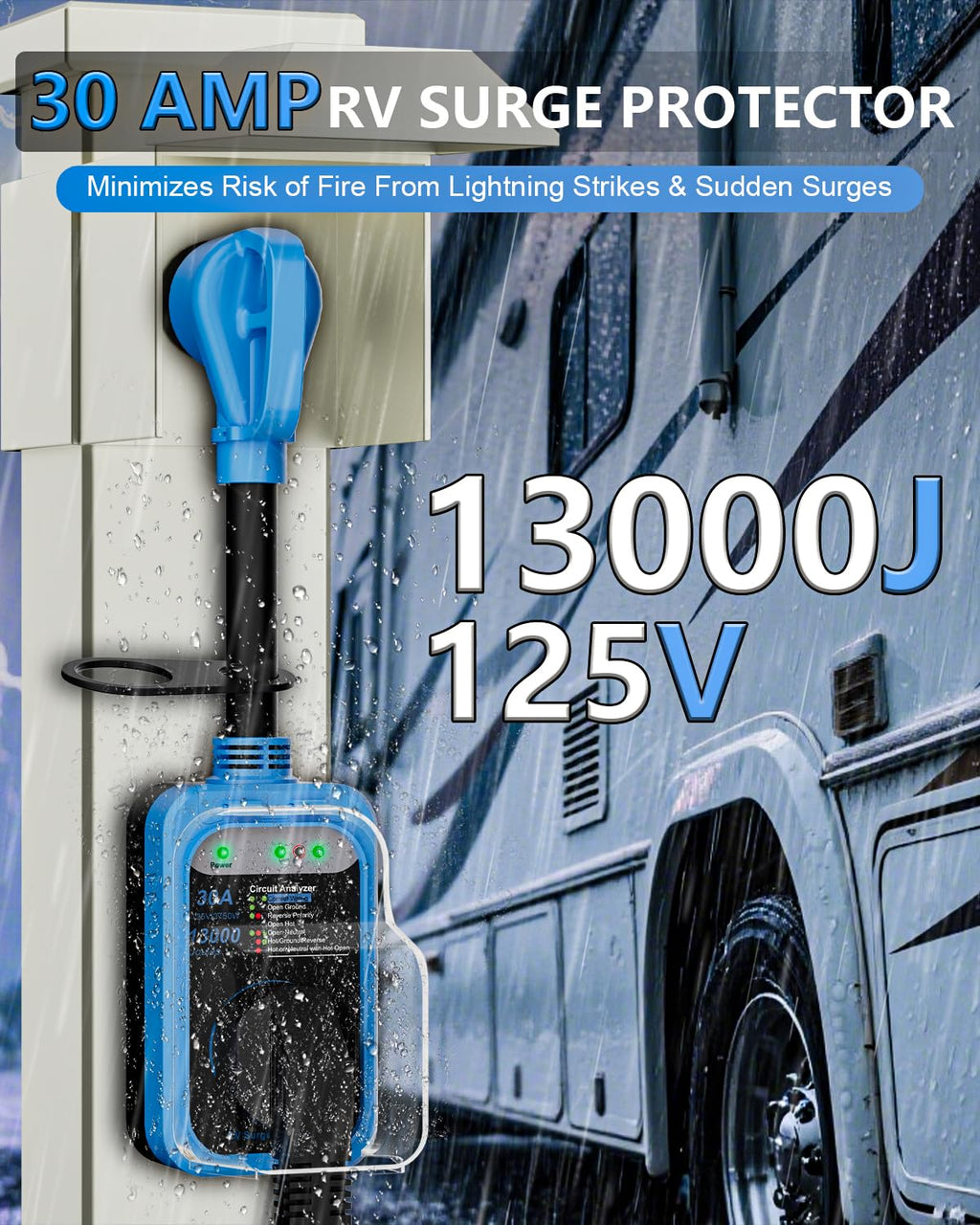 RV Surge Protector 30 Amp, 10000 Joules RV Circuit Analyzer with Waterproof Cover,RV Adapter Plug for Camper Travel Trailers (30 AMP)