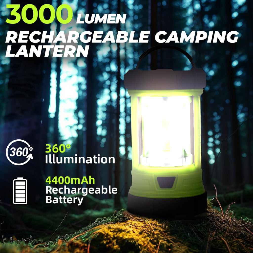 Favourlite Rechargeable Camping Lantern, 3000LM 360° LED Light for Power Outages, 4400mAh with USB-C Emergency Phone Charging, 5 Modes, Water-Resistant Tent Light with Hanging Hooks
