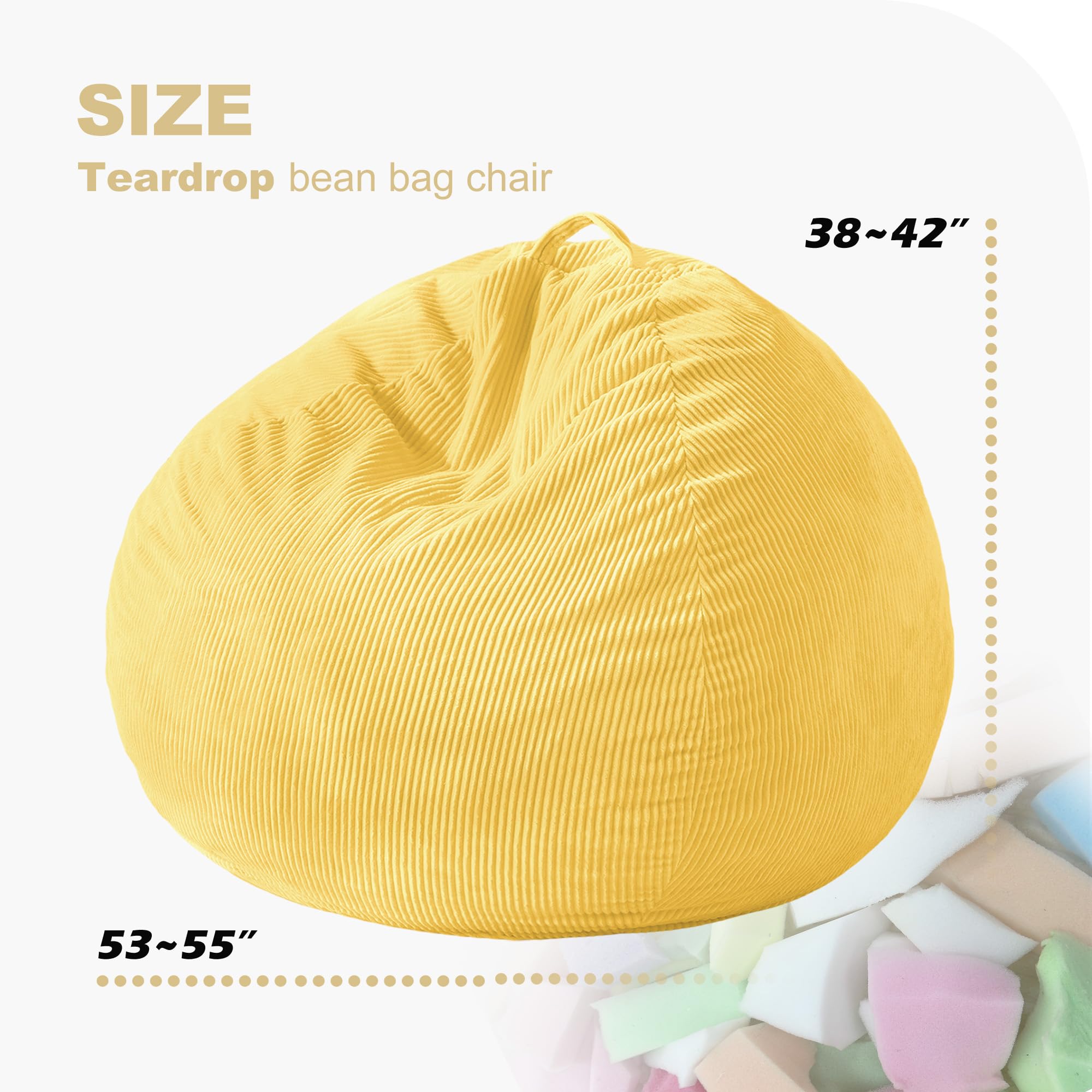 Homguava Bean Bag Chair,Teardrop Bean Bags Small Beanbag Chair with Memory Foam Filled and Ultra Soft Corduroy Cover for Living Room, Bedroom (Black 2FT)