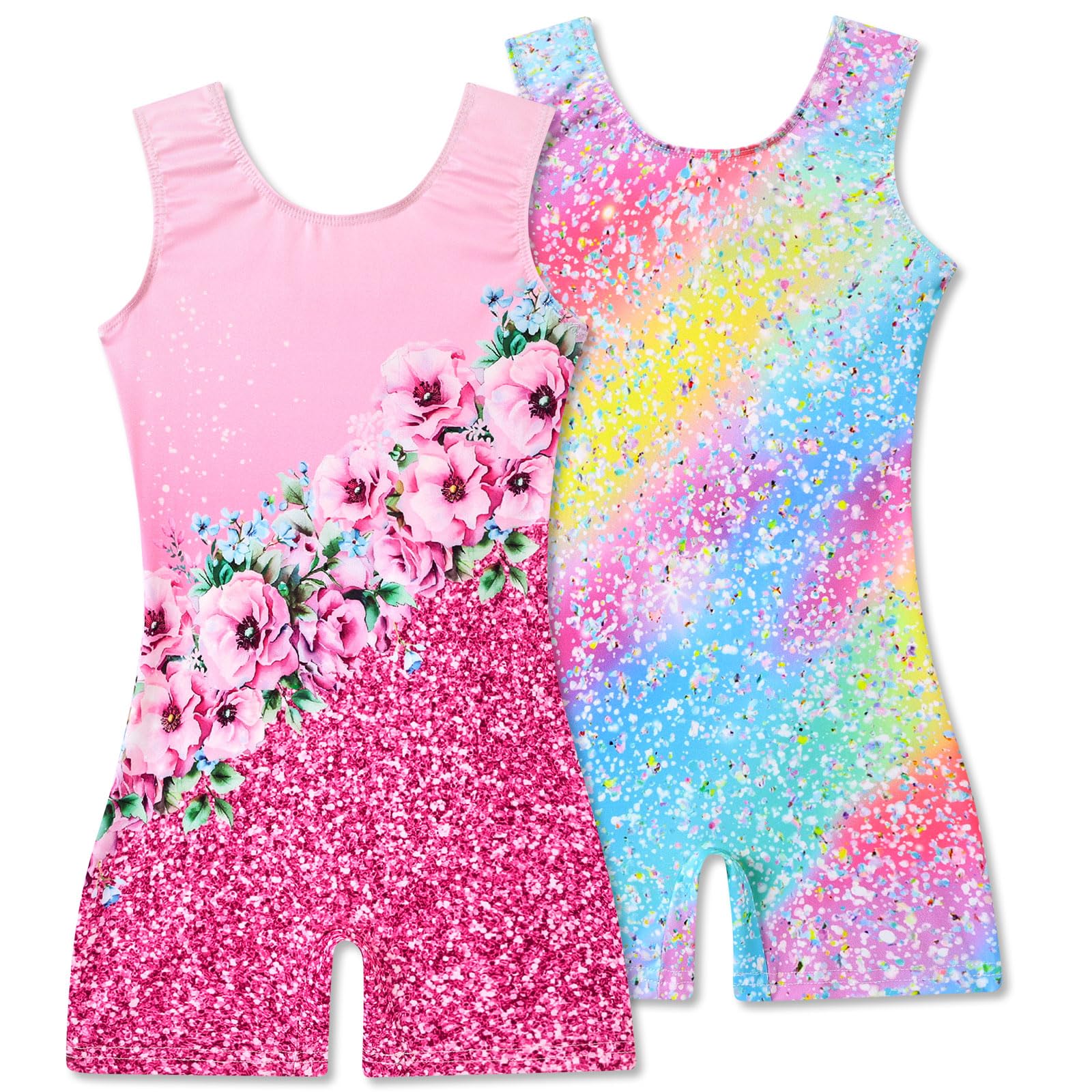 2 Packs Gymnastics Leotards for Girls Mermaid Leopard Dance Leotard Kids Biketard with Shorts