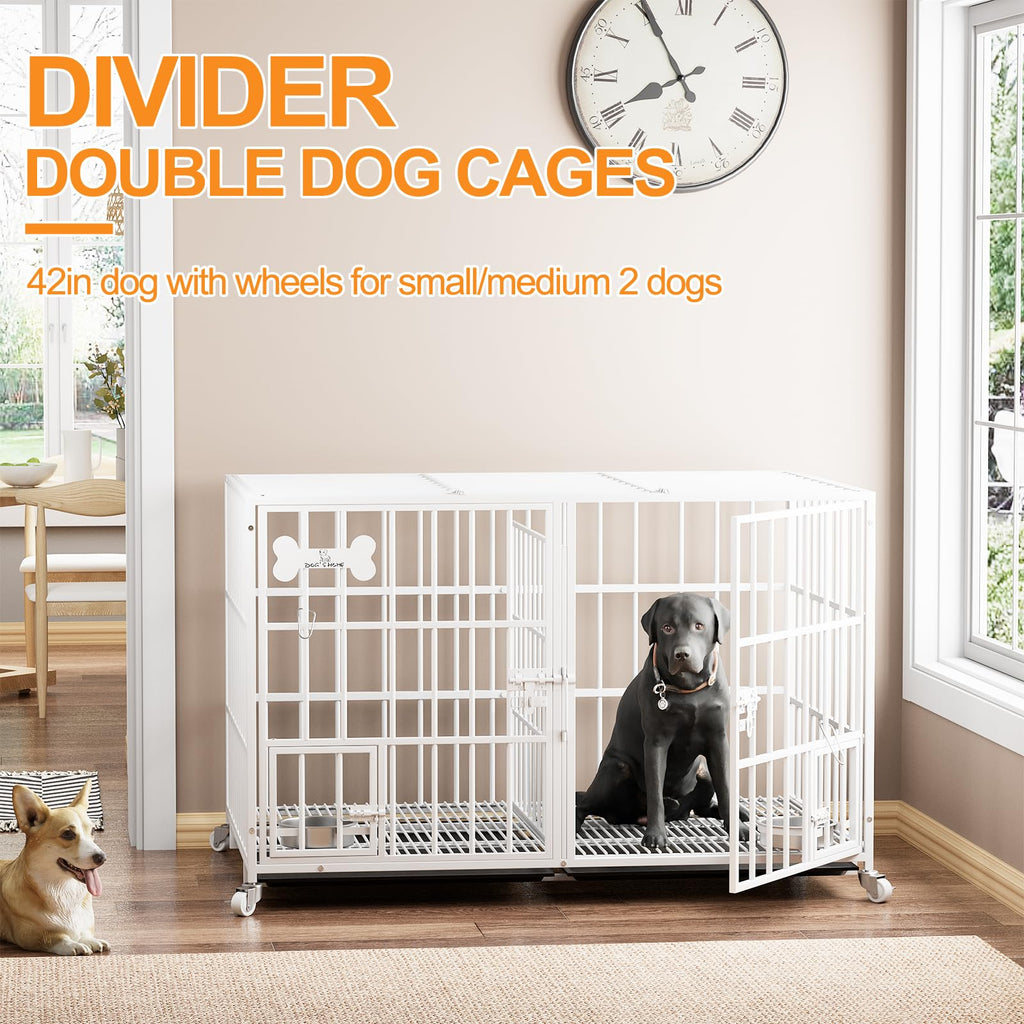 Dosker 42 inch Heavy Duty Metal Dog Crate with Divider for 2 Dogs/Large Dog, All Metal Open Top Escape Proof Cage, Indoor Dog Kennel with Wheels, Floor Grid, Tray, Feeding Bowl
