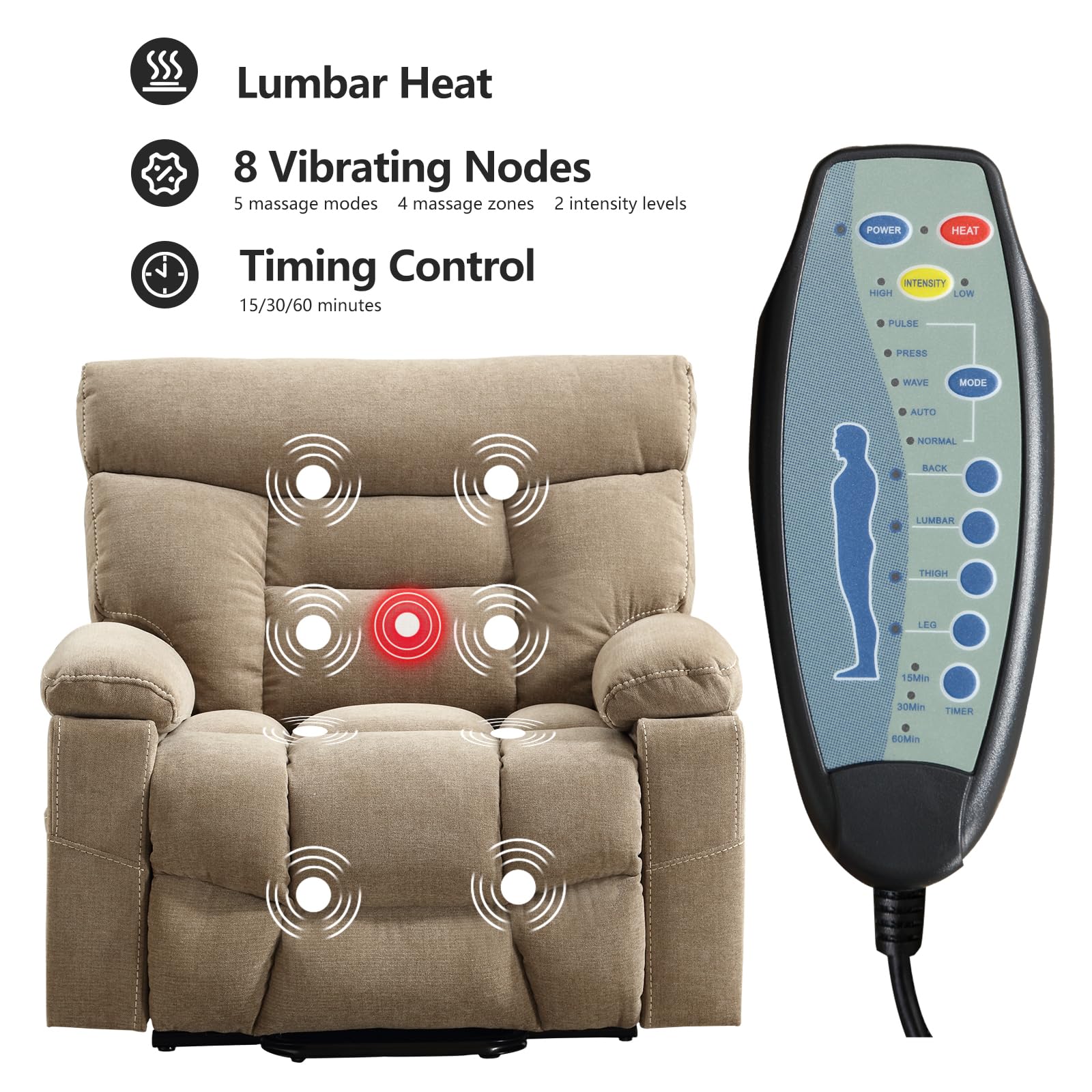 CANMOV Dual Motor Power Lift Recliner Chair for Elderly, 27" Extra-Wide Seat 450 lbs Weight Capacity Infinite Position Adjustment, with Heated Massage, Cup Holders and USB Port, Camel Fabric