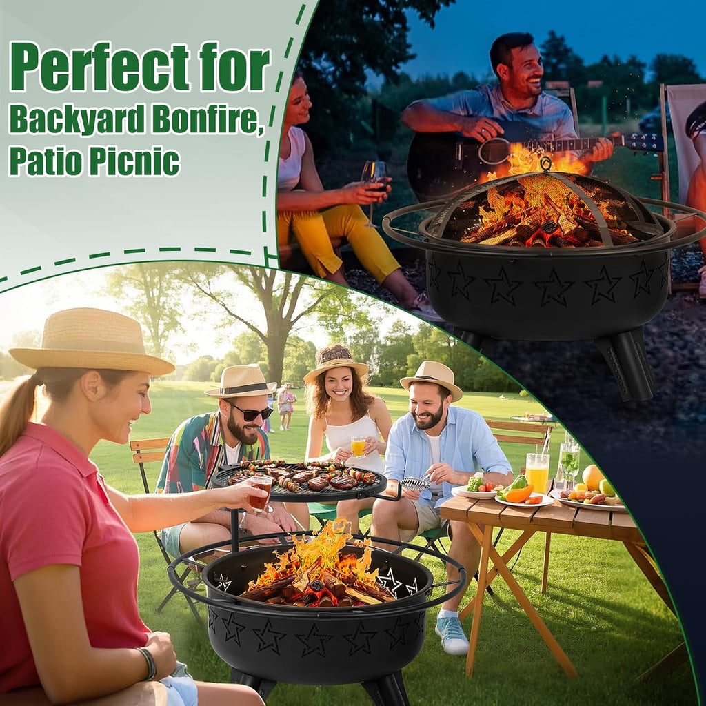 Gbekery 31" 2-in-1 Wood Burning Fire Pit with Swivel BBQ Grills & Spark Screen for Outside - Heavy Duty Outdoor Firepit with Charcoal Pan, Log Rack & Poker - for Backyard, Patio, Garden Bonfire